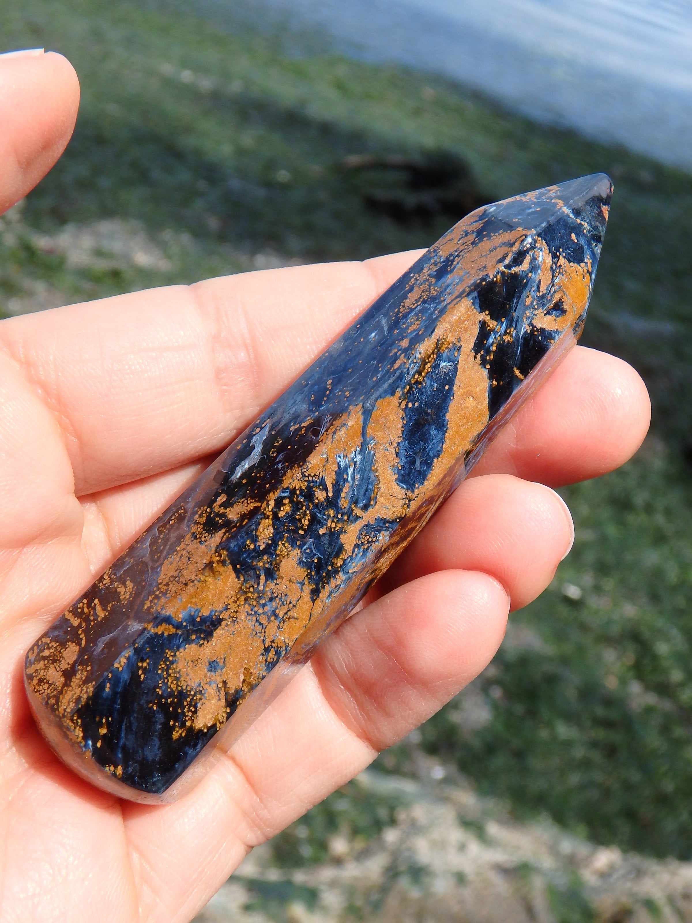 Satiny Blue Flashes & Swirls of Gold Pietersite Wand (Ideal for Energy Work)