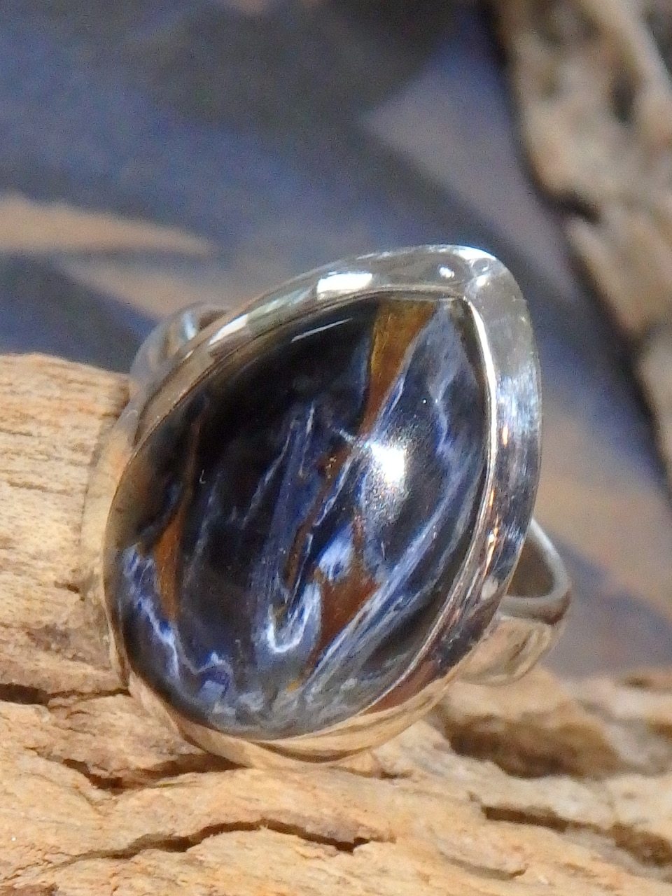 Raindrop Satin Blue Pietersite Ring in Sterling Silver (Size 5.5) - Earth Family Crystals