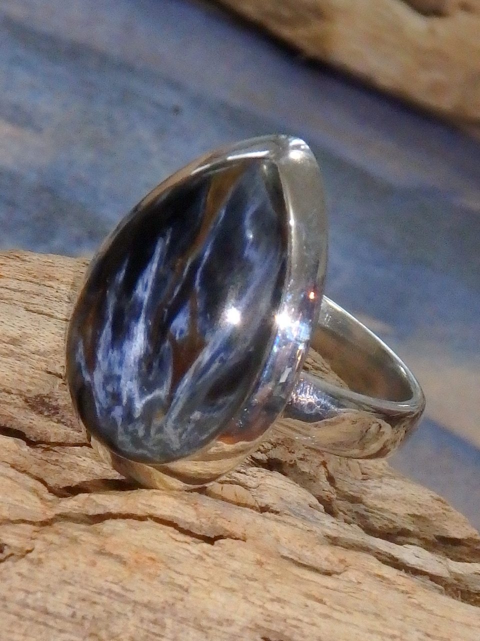 Raindrop Satin Blue Pietersite Ring in Sterling Silver (Size 5.5) - Earth Family Crystals