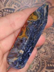 Stunning Satin Blue & Golden Pietersite Wand Carving - Earth Family Crystals