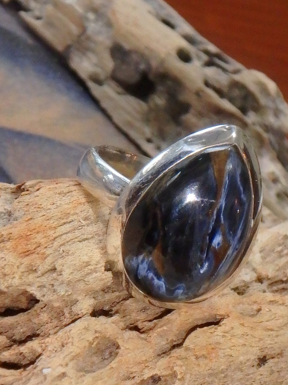 Raindrop Satin Blue Pietersite Ring in Sterling Silver (Size 5.5) - Earth Family Crystals