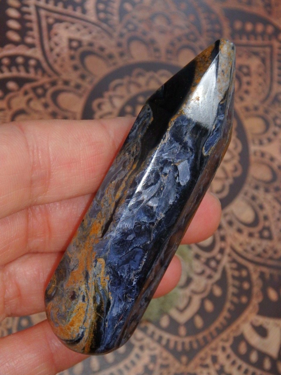 Stunning Satin Blue & Golden Pietersite Wand Carving - Earth Family Crystals