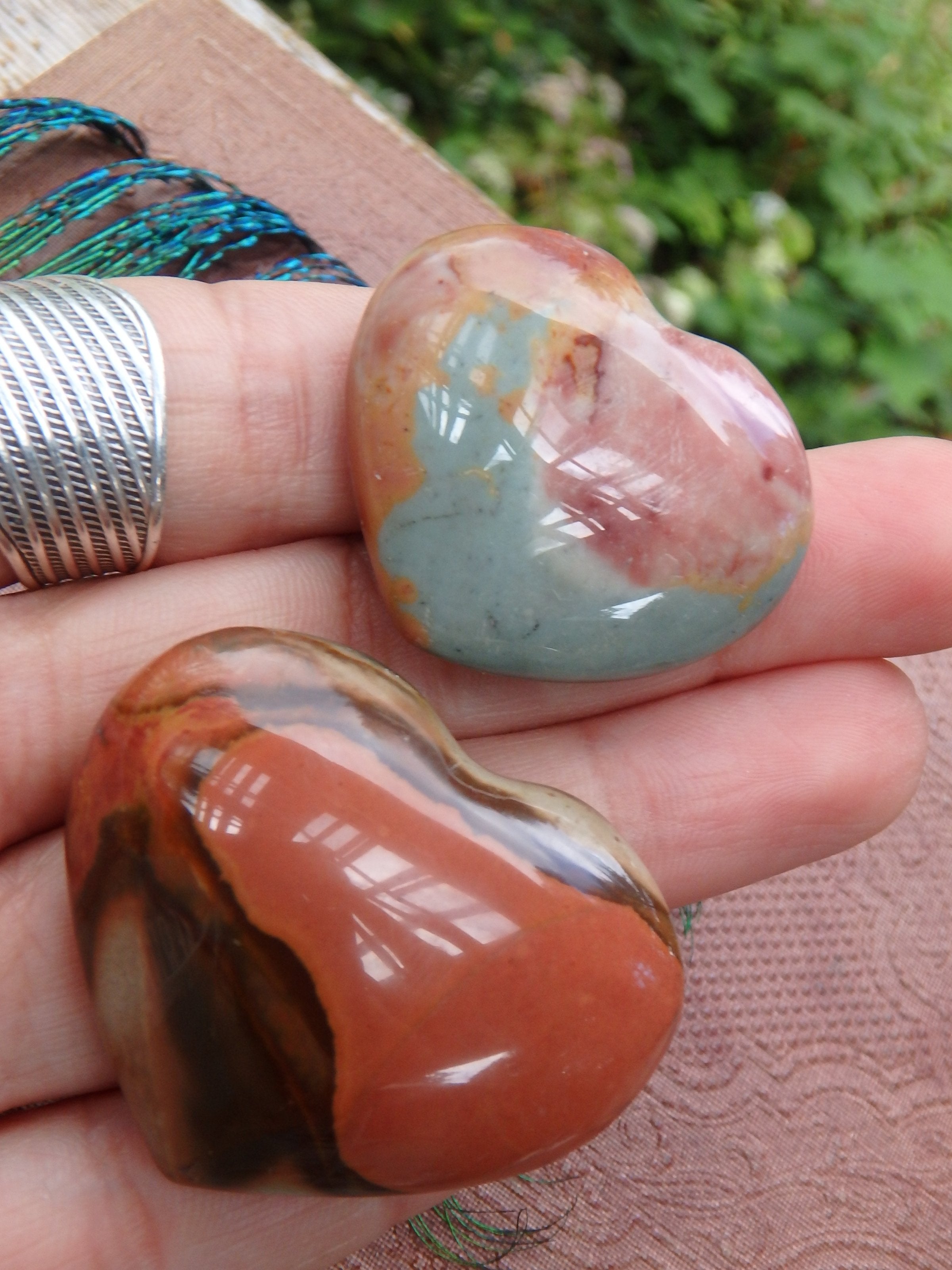 Set of 2 Pretty Splashes of Color Polychrome Jasper Hand Held Hearts