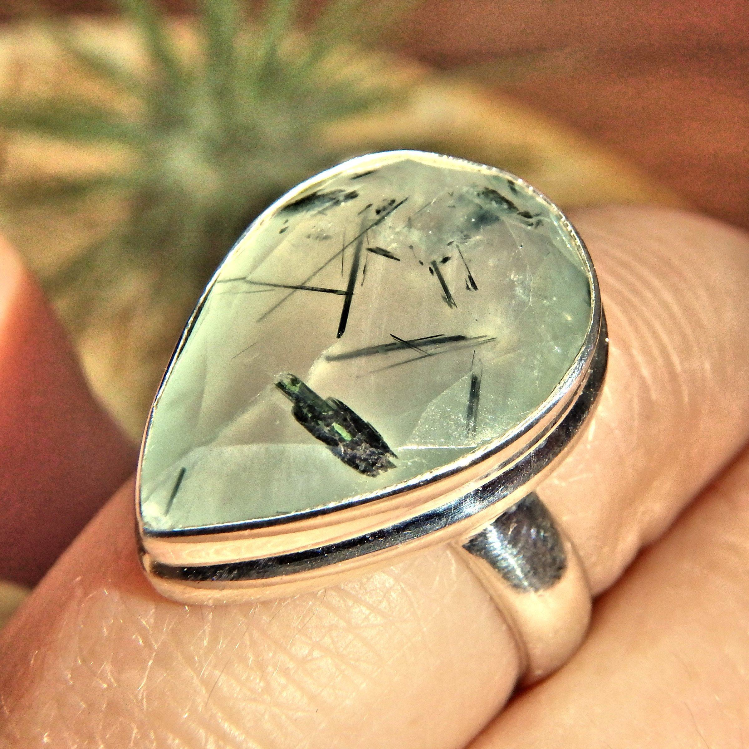 Brilliant Faceted Mint Green Prehnite & Epidote Threads Sterling Silver Ring (Size 6) - Earth Family Crystals