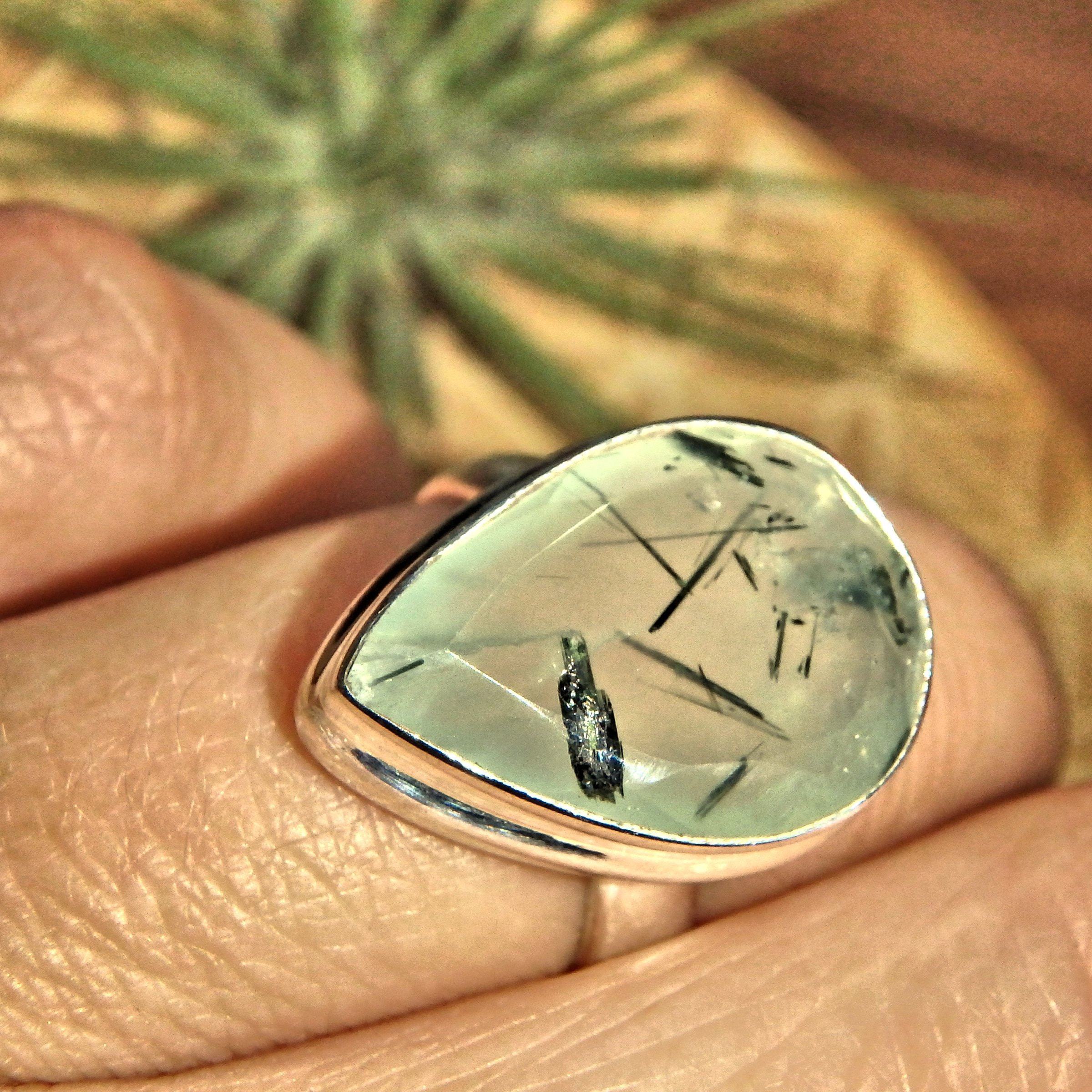 Brilliant Faceted Mint Green Prehnite & Epidote Threads Sterling Silver Ring (Size 6) - Earth Family Crystals