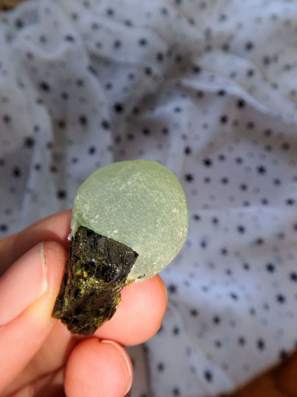 Adorable Spring Green Prehnite Ball on Deep Green Epidote Matrix - Earth Family Crystals