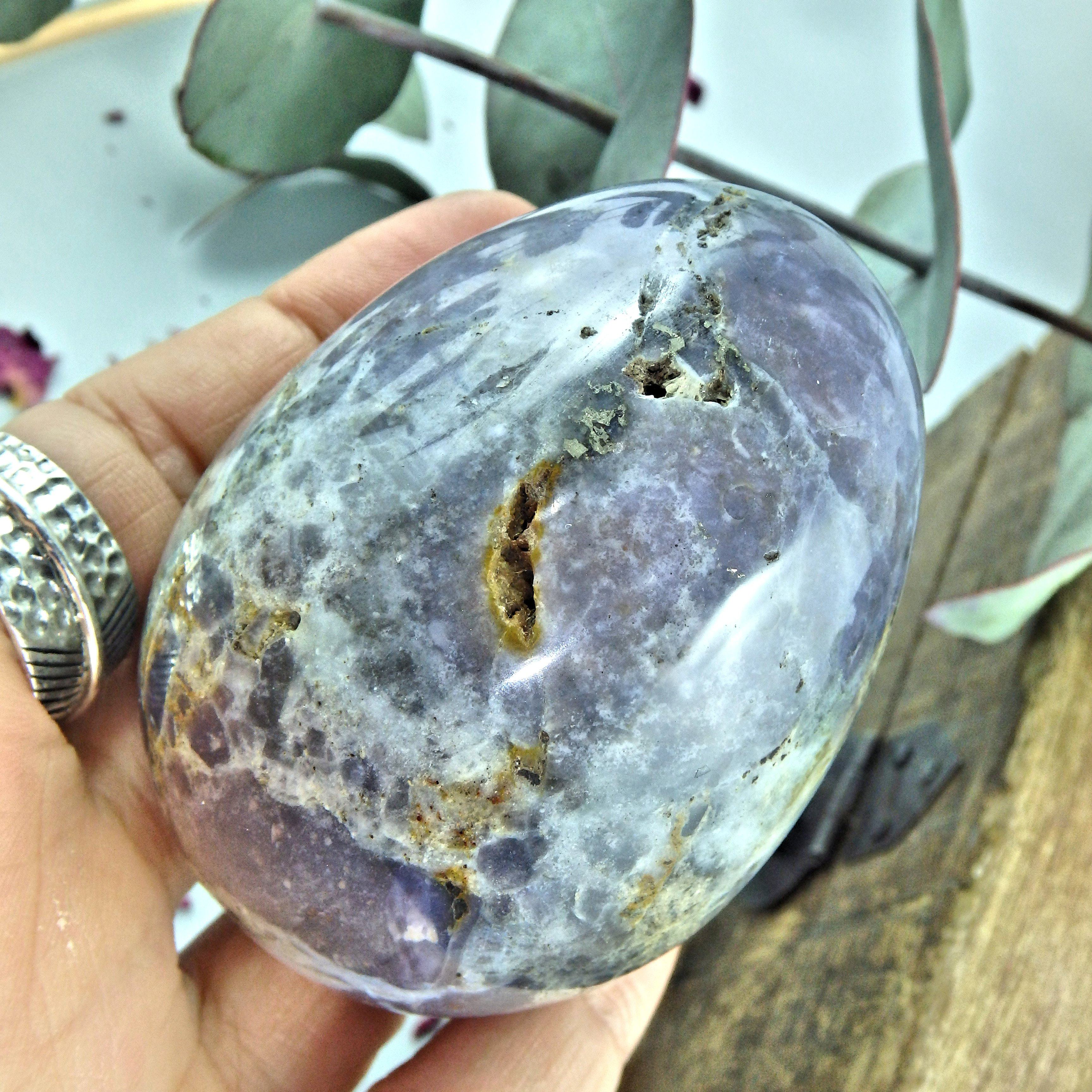 Chunky Violet Flame Purple Agate Egg Carving With Small Caves - Earth Family Crystals