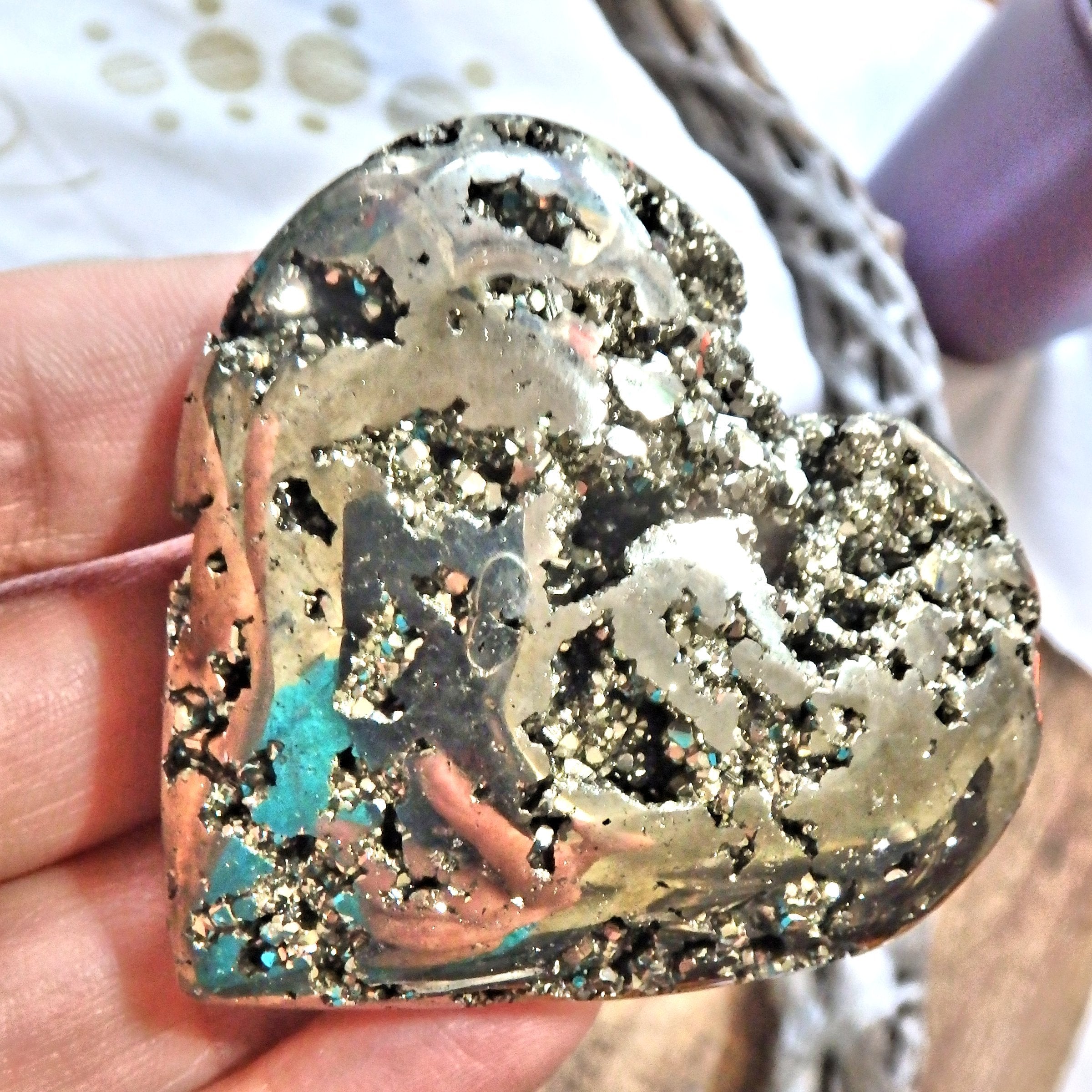 Sparkling Golden Pyrite Gemstone Heart Carving 1