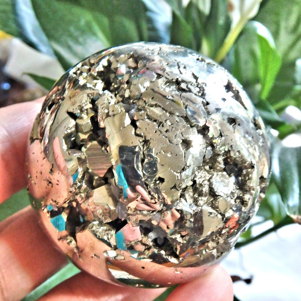 Caves & Sparkle Golden Pyrite Sphere Carving With Quartz Point Inclusions - Earth Family Crystals