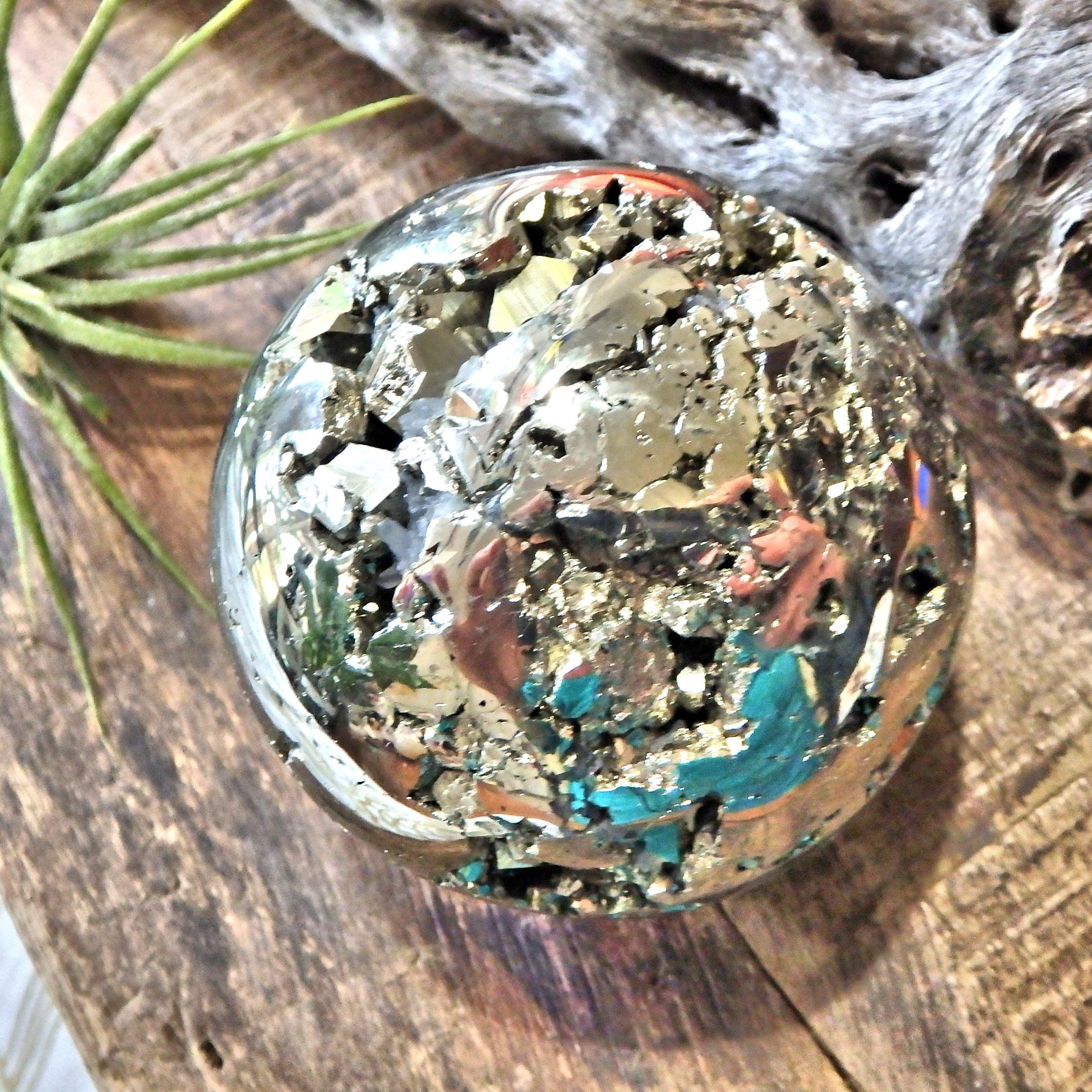 Caves & Sparkle Golden Pyrite Sphere Carving With Quartz Point Inclusions - Earth Family Crystals
