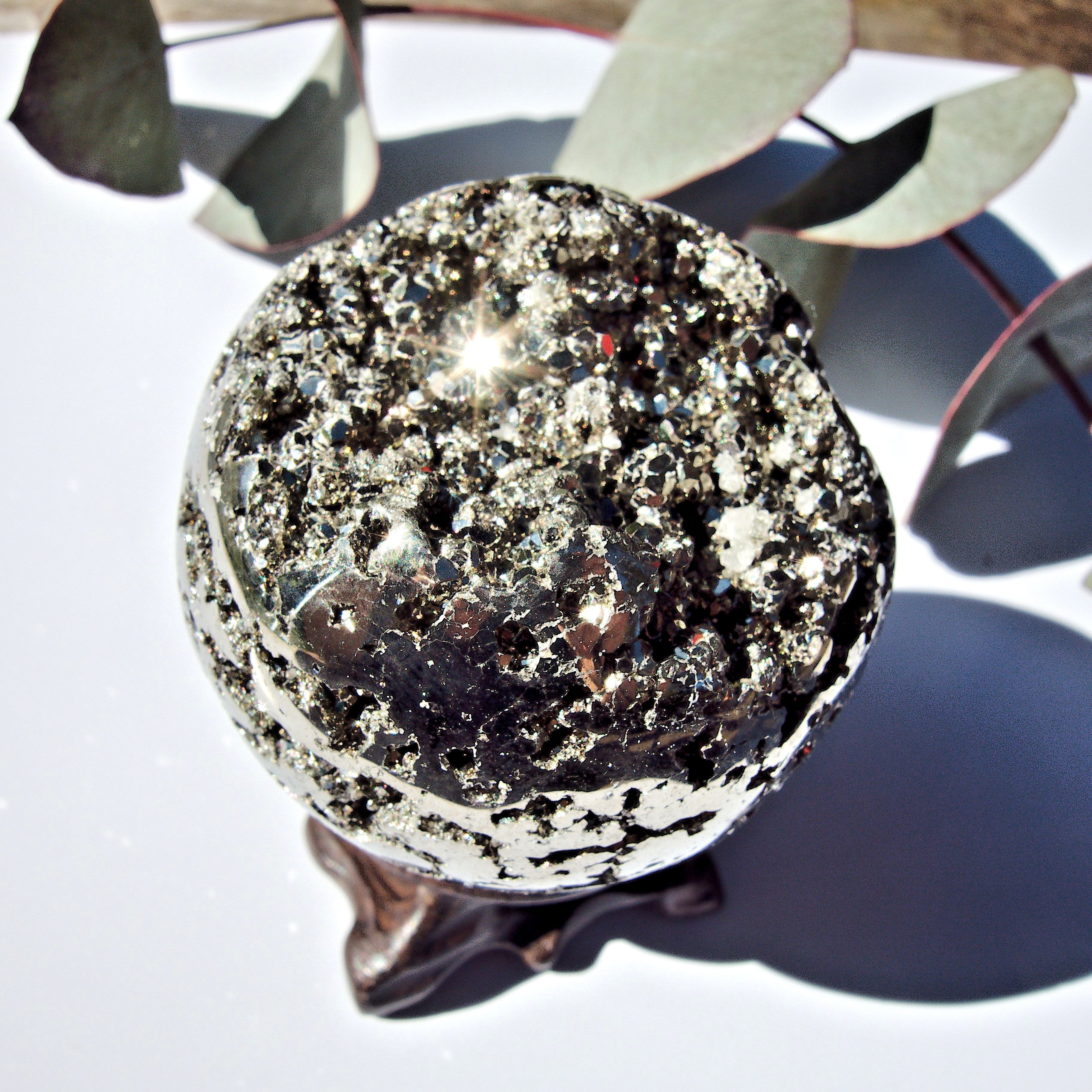 Sparkling Golden Pyrite Geode Sphere Carving From Peru