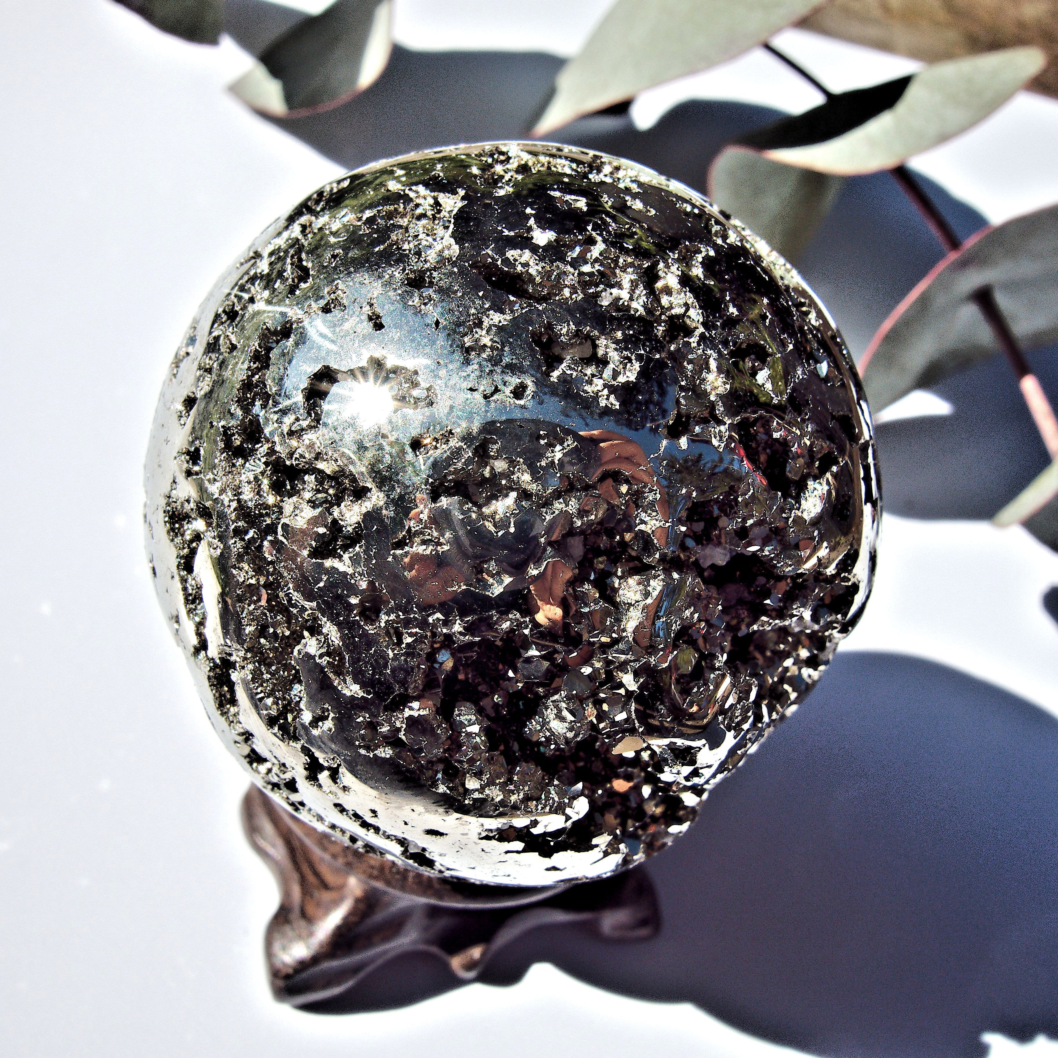 Sparkling Golden Pyrite Geode Sphere Carving From Peru