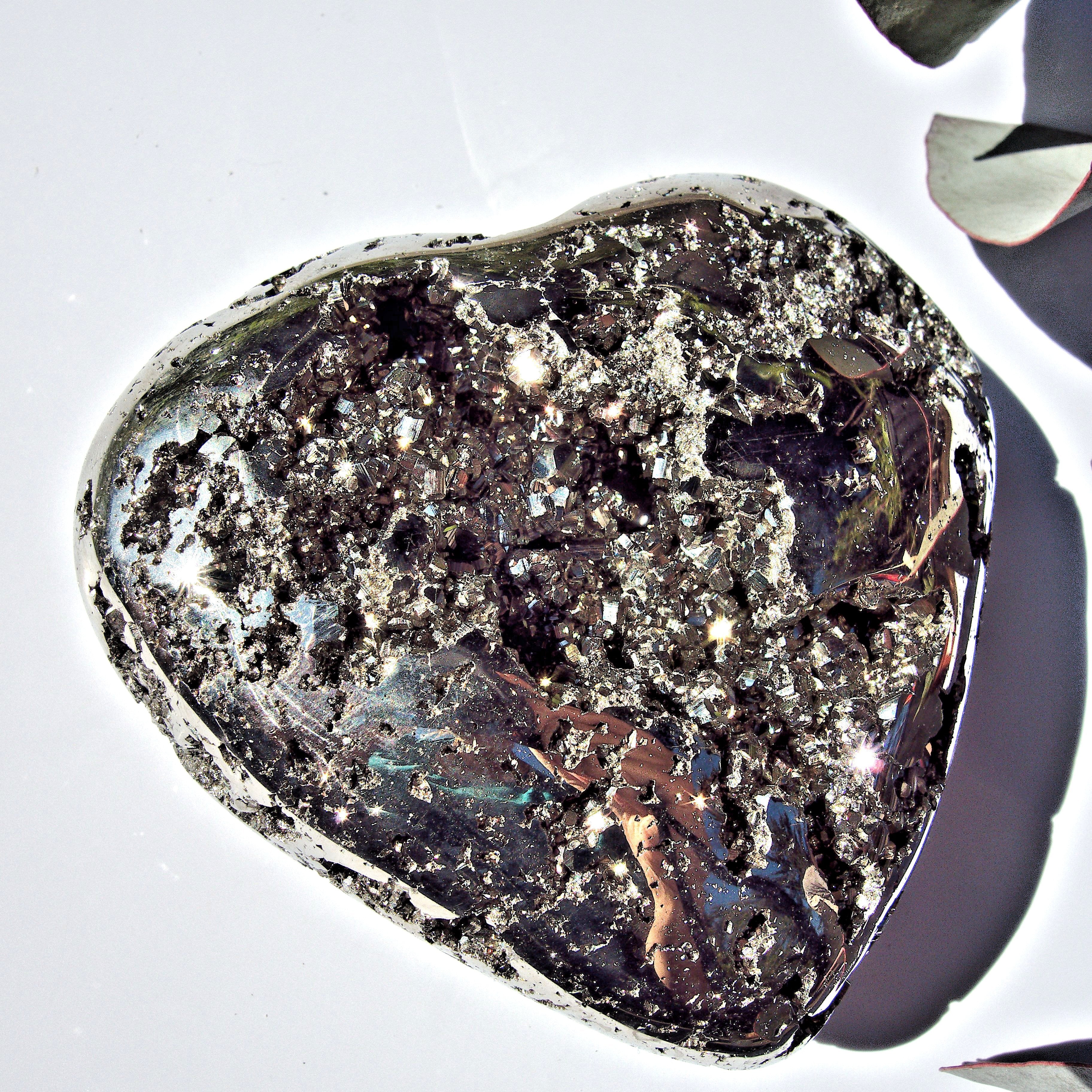 Stunning Deep Golden Geode Pyrite Heart Carving From Peru - Earth Family Crystals