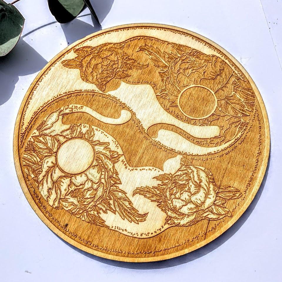 Crystal Mandala Set -Includes Yin/Yang Cat Birch Wood Board Natural, Golden Spirit Quartz & 6 Golden Healer Quartz Points - Earth Family Crystals