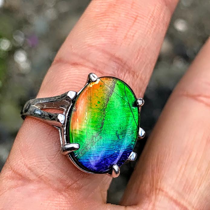 High Grade Quartz Capped Alberta Ammolite Ring in Sterling Silver (Size 9.5)
