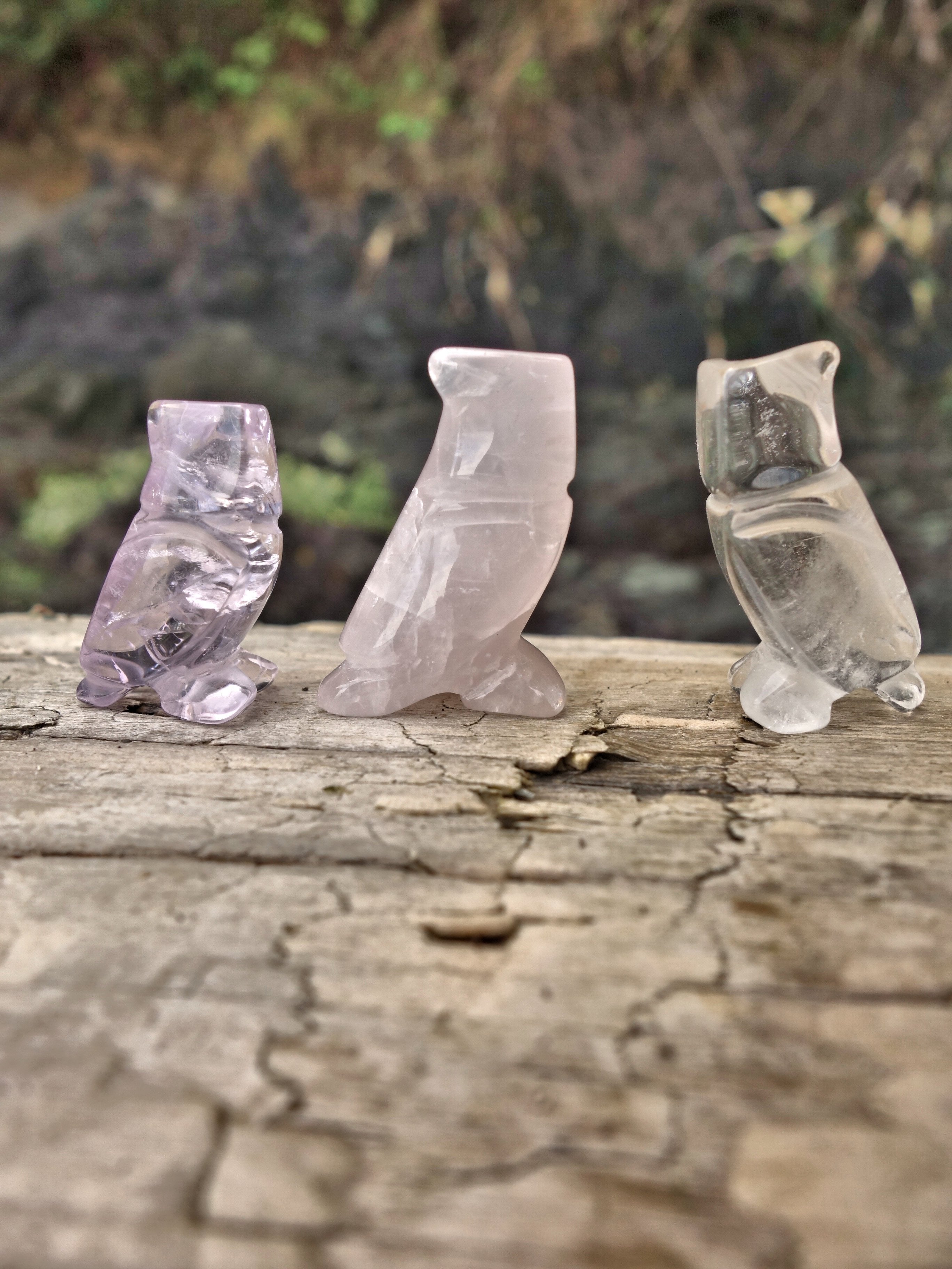 Set of 3 Cute Little Owl Carvings in Rose Quartz, Amethyst & Clear Quartz