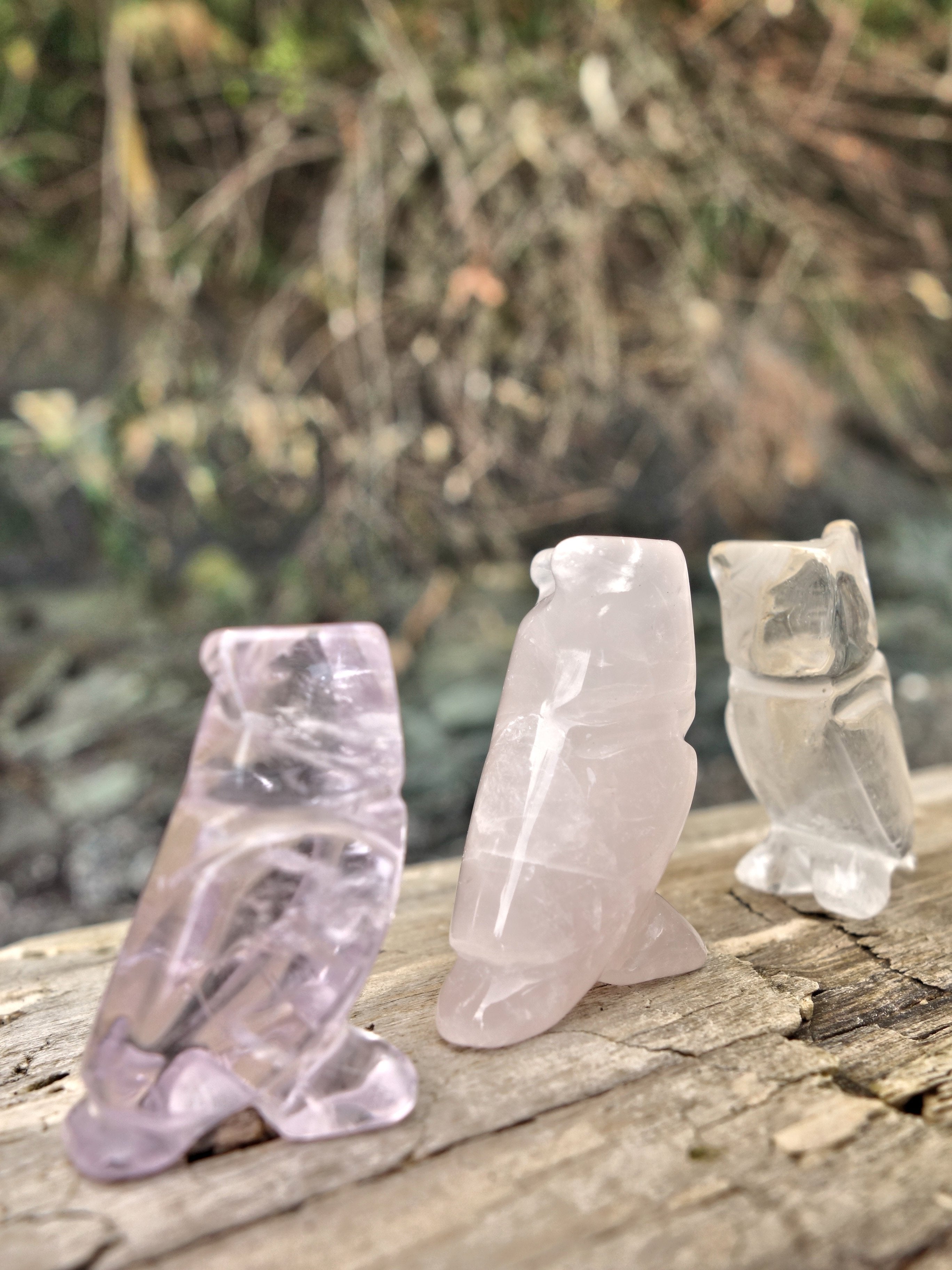 Set of 3 Cute Little Owl Carvings in Rose Quartz, Amethyst & Clear Quartz