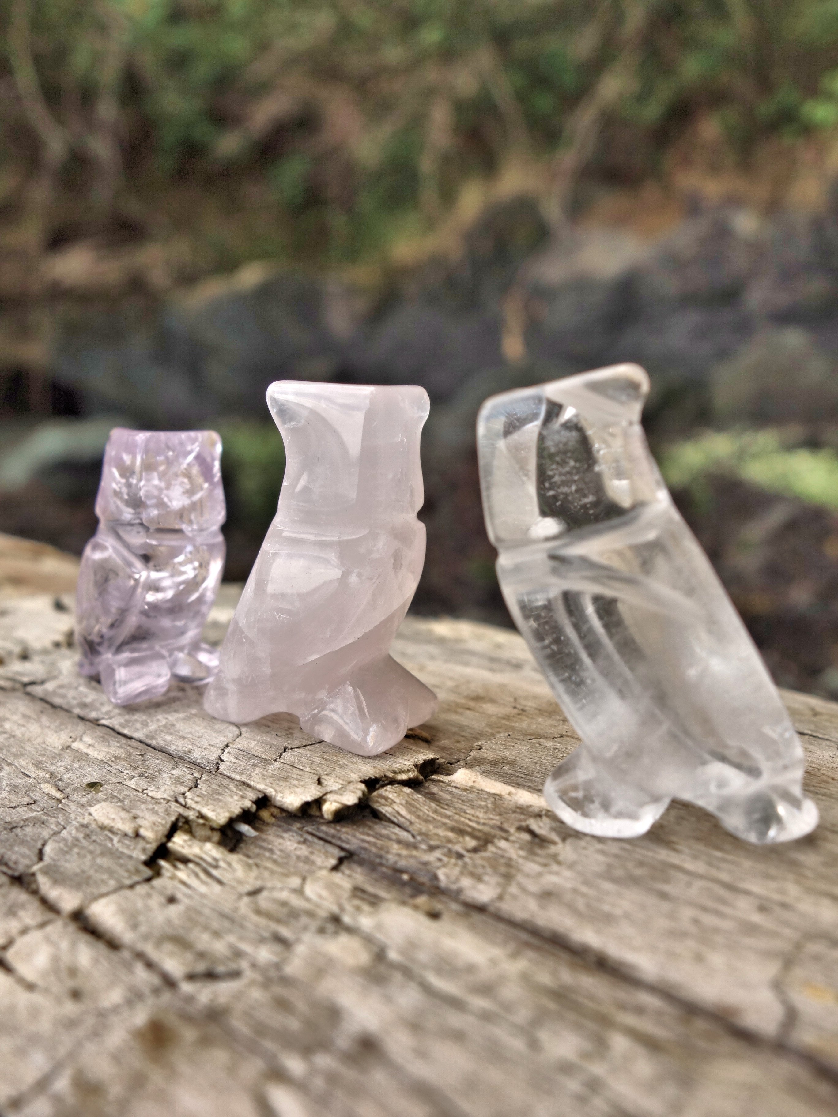 Set of 3 Cute Little Owl Carvings in Rose Quartz, Amethyst & Clear Quartz