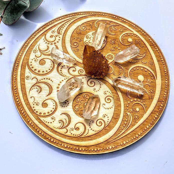 Crystal Mandala Set -Includes Yin/Yang Birch Wood Board Natural Golden Spirit Quartz & 6 Golden Healer Quartz Points - Earth Family Crystals