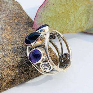 Three Purple Gemstones Purple Amethyst Sterling Silver Ring (Size 6) - Earth Family Crystals