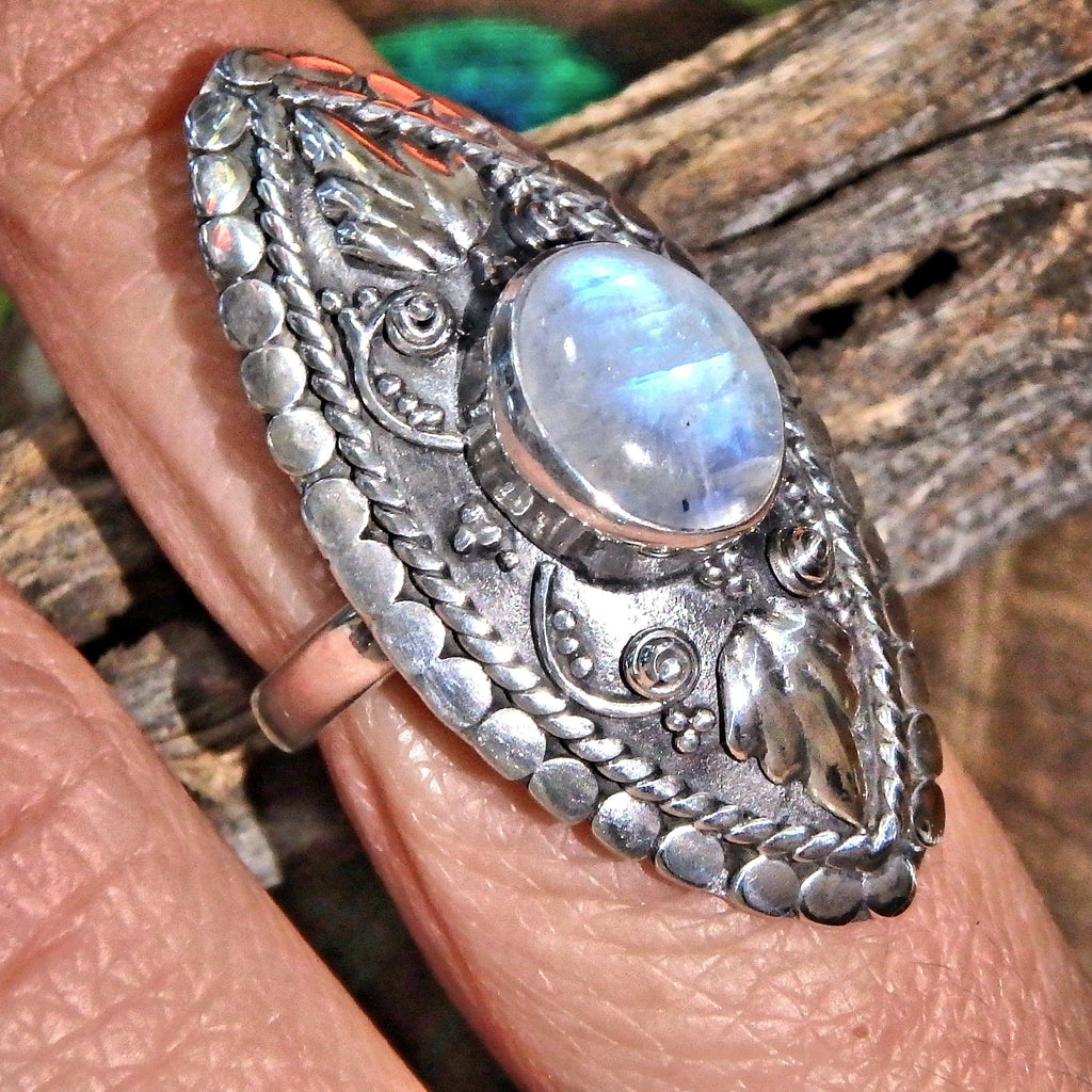 Elegant Design Blue Flashes Rainbow Moonstone Ring in Sterling Silver (Size 7) - Earth Family Crystals