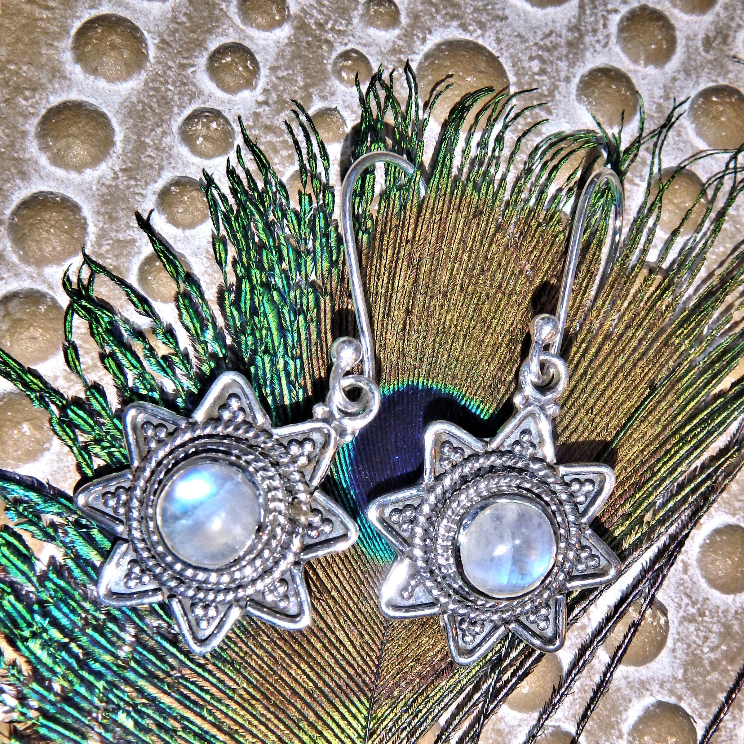 Winter Solstice Rainbow Moonstone Earrings in Sterling Silver - Earth Family Crystals