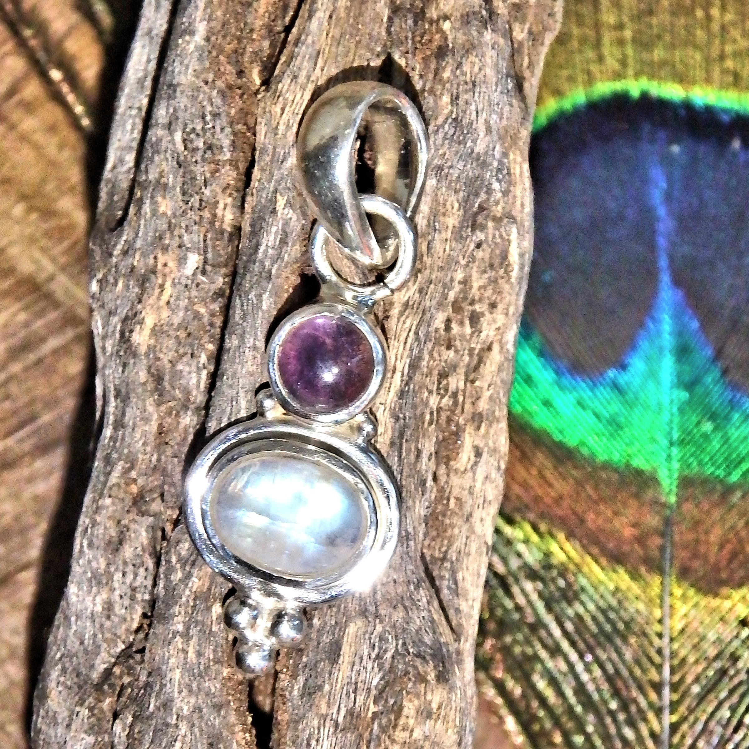 Stunning Dainty Rainbow Moonstone & Amethyst Pendant in Sterling Silver (Includes Silver Chain) - Earth Family Crystals