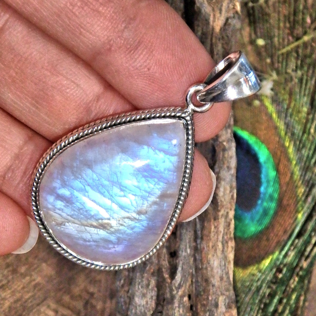 Frosted Blue Flashes Gorgeous Rainbow Moonstone Pendant in Sterling Silver (Includes Silver Chain) 3 - Earth Family Crystals