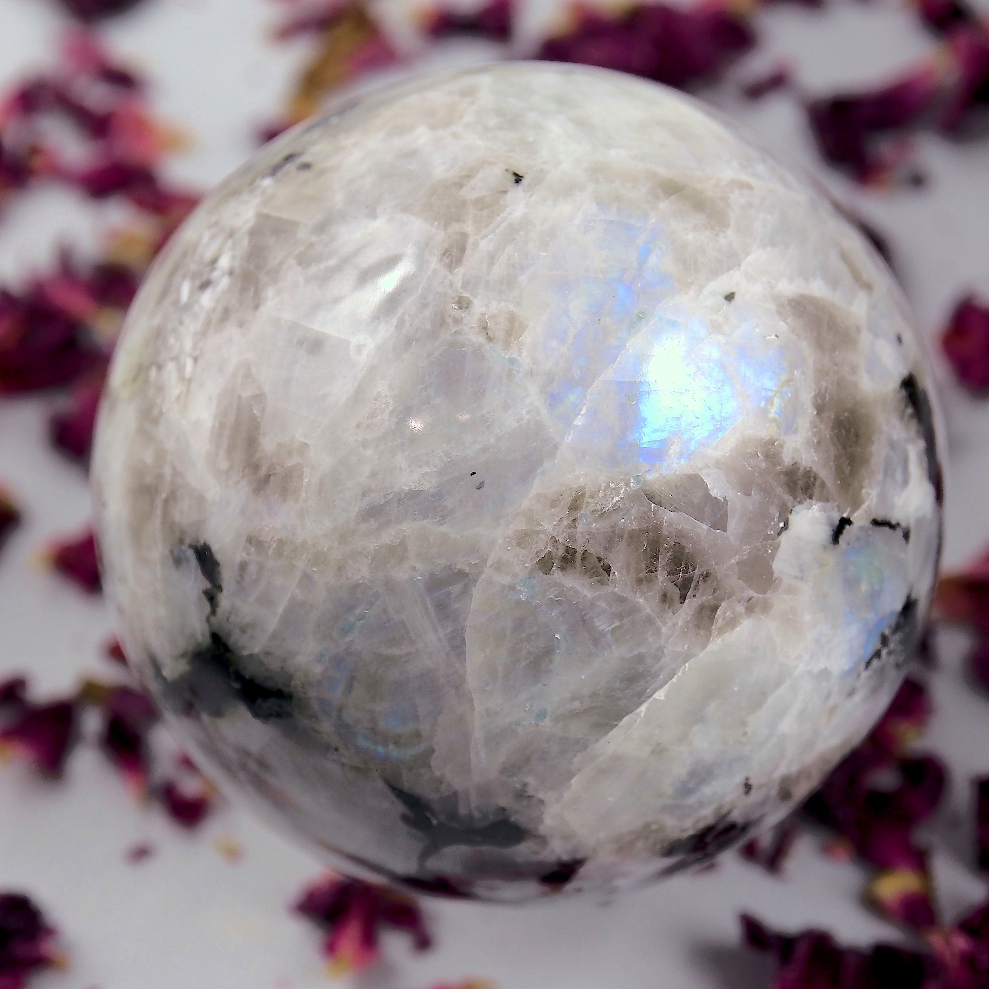 RESERVED FOR ALESHA.D~Enchanting Large Rainbow Moonstone & Black Tourmaline Sphere Carving - Earth Family Crystals