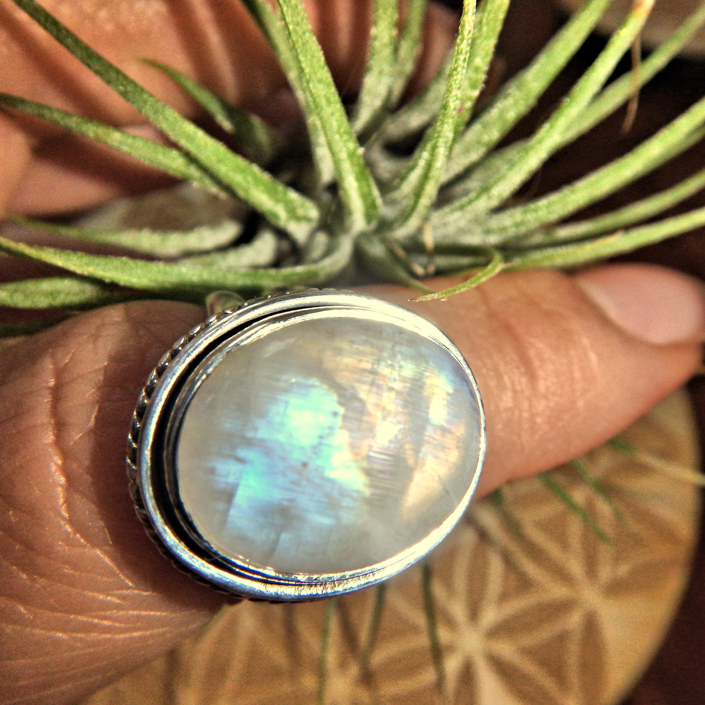 Orange & Blue Flashes Rainbow Moonstone Ring in Sterling Silver (Size 6)