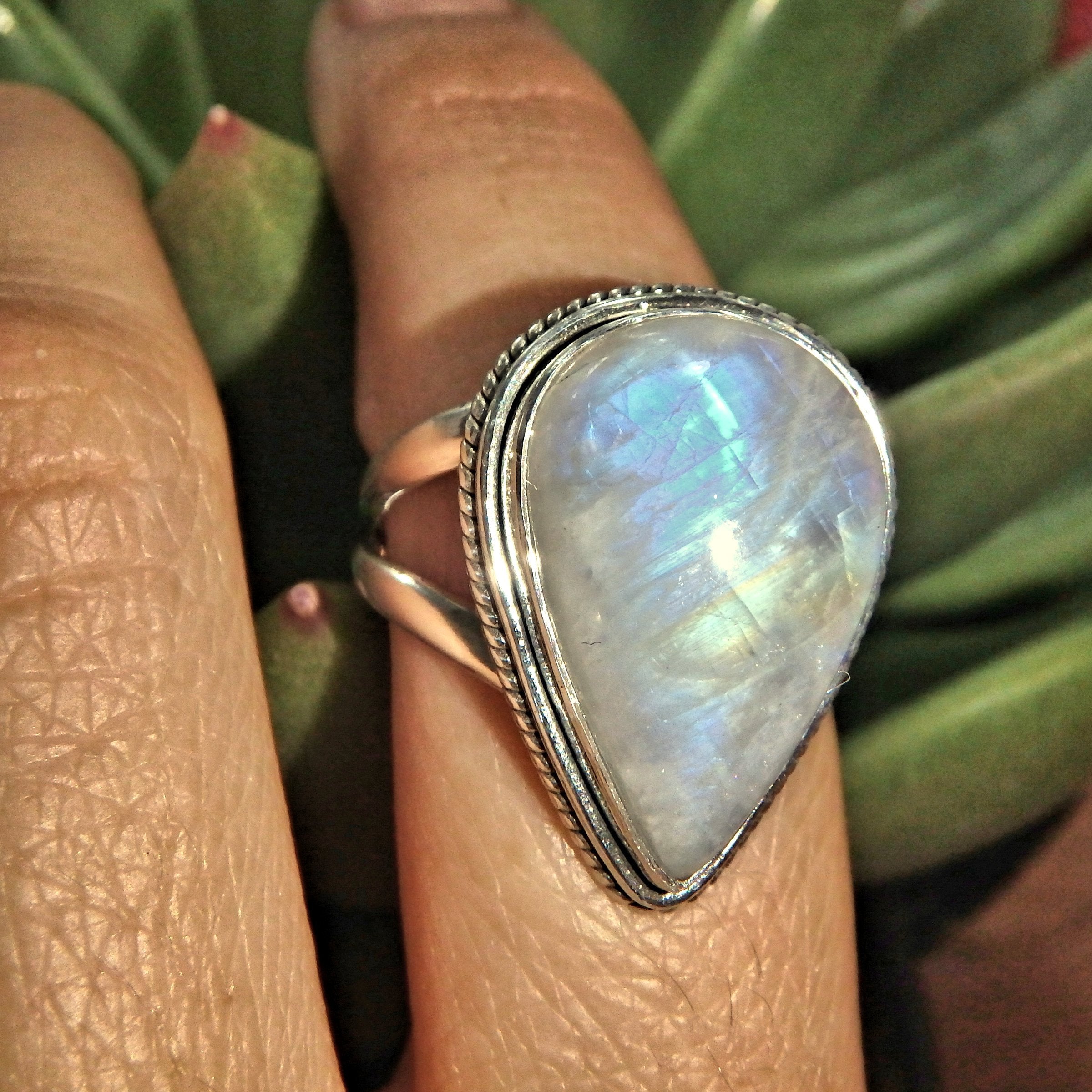 Pretty Raindrop Rainbow Moonstone Ring in Sterling Silver (Size 8.5) - Earth Family Crystals