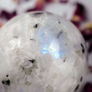 Enchanting Rainbow Moonstone & Black Tourmaline Medium Sphere Carving - Earth Family Crystals