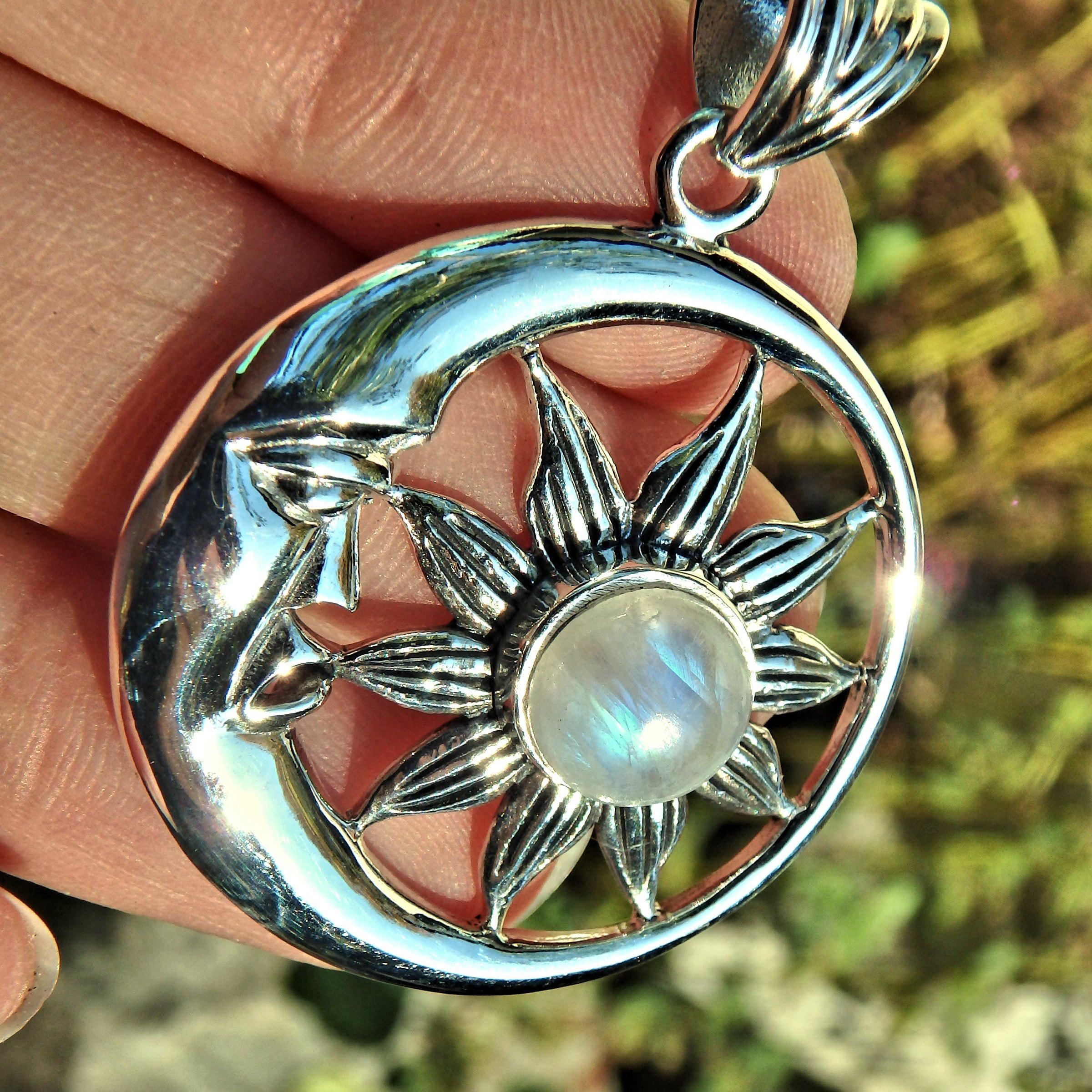 Crescent Moon Face & Rainbow Moonstone Flower  Pendant in Sterling Silver (Includes Silver Chain) - Earth Family Crystals