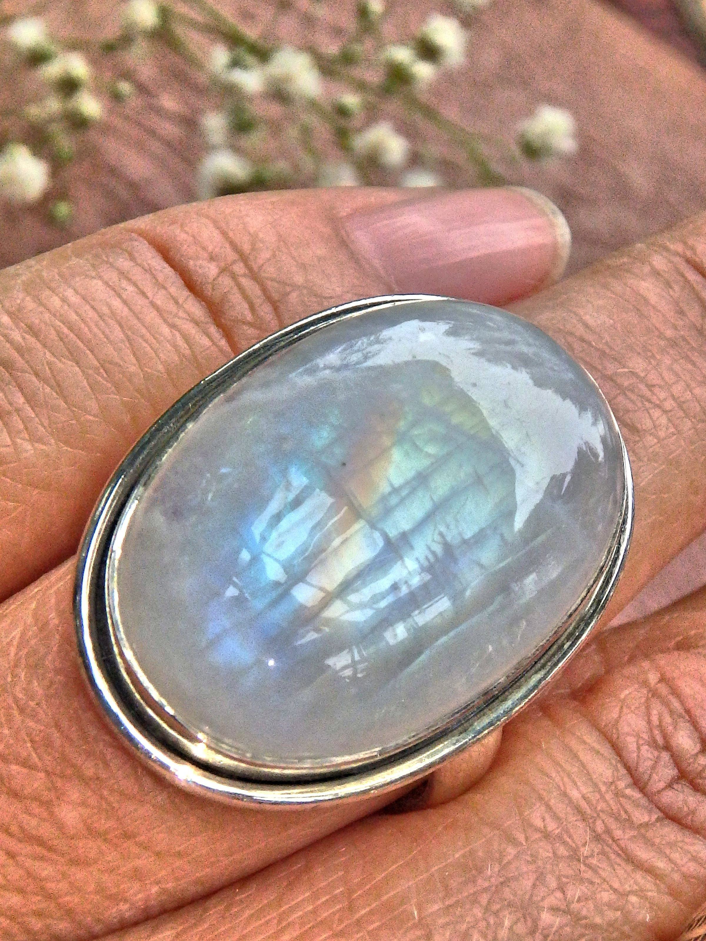 Dancing Rainbow Flashes Rainbow Moonstone Chunky Ring in Sterling Silver (Size 9) - Earth Family Crystals