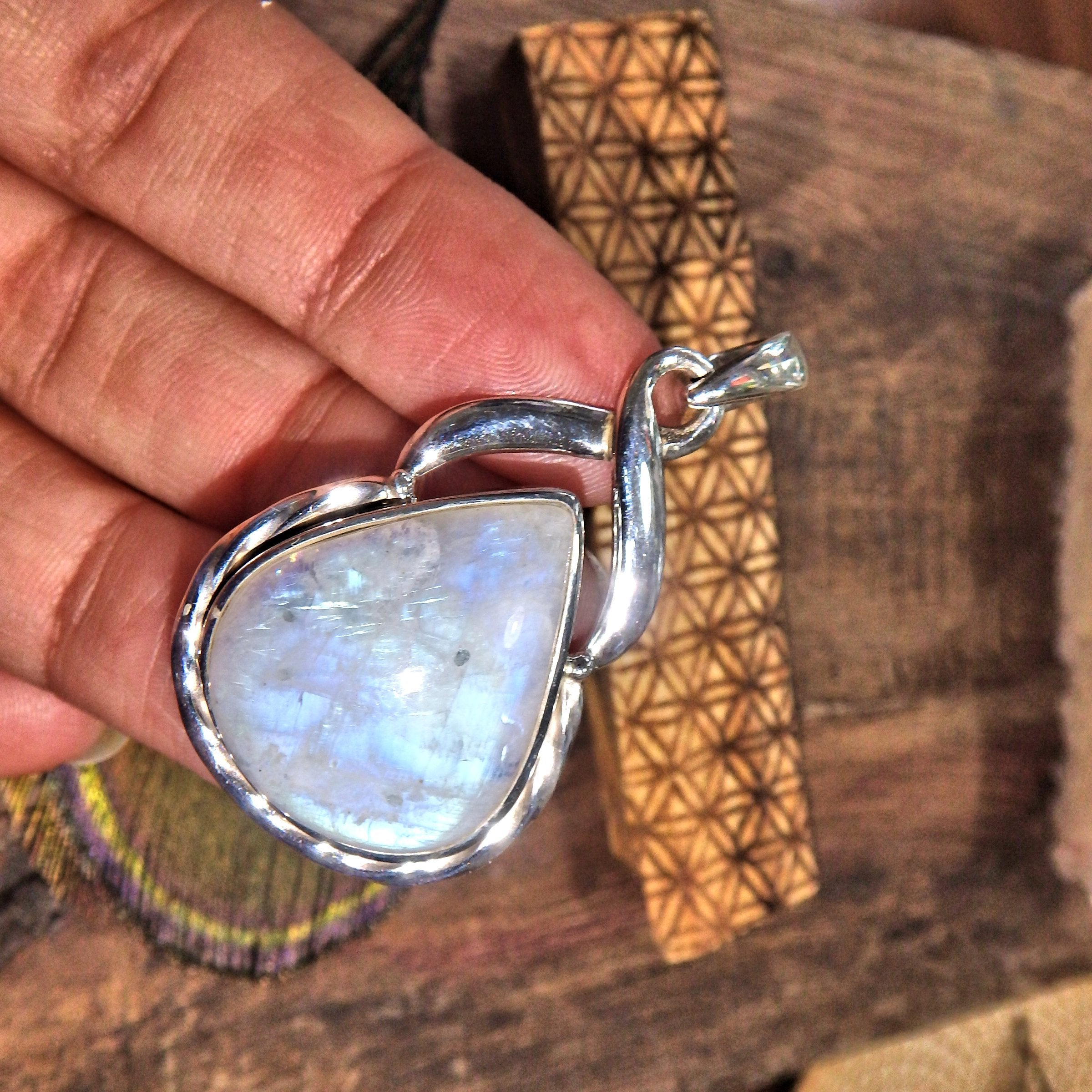 Fabulous Goddess Energy Rainbow Moonstone Pendant in Sterling Silver (Includes Silver Chain) - Earth Family Crystals