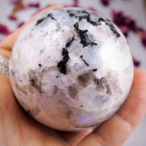 RESERVED FOR ALESHA.D~Enchanting Large Rainbow Moonstone & Black Tourmaline Sphere Carving - Earth Family Crystals