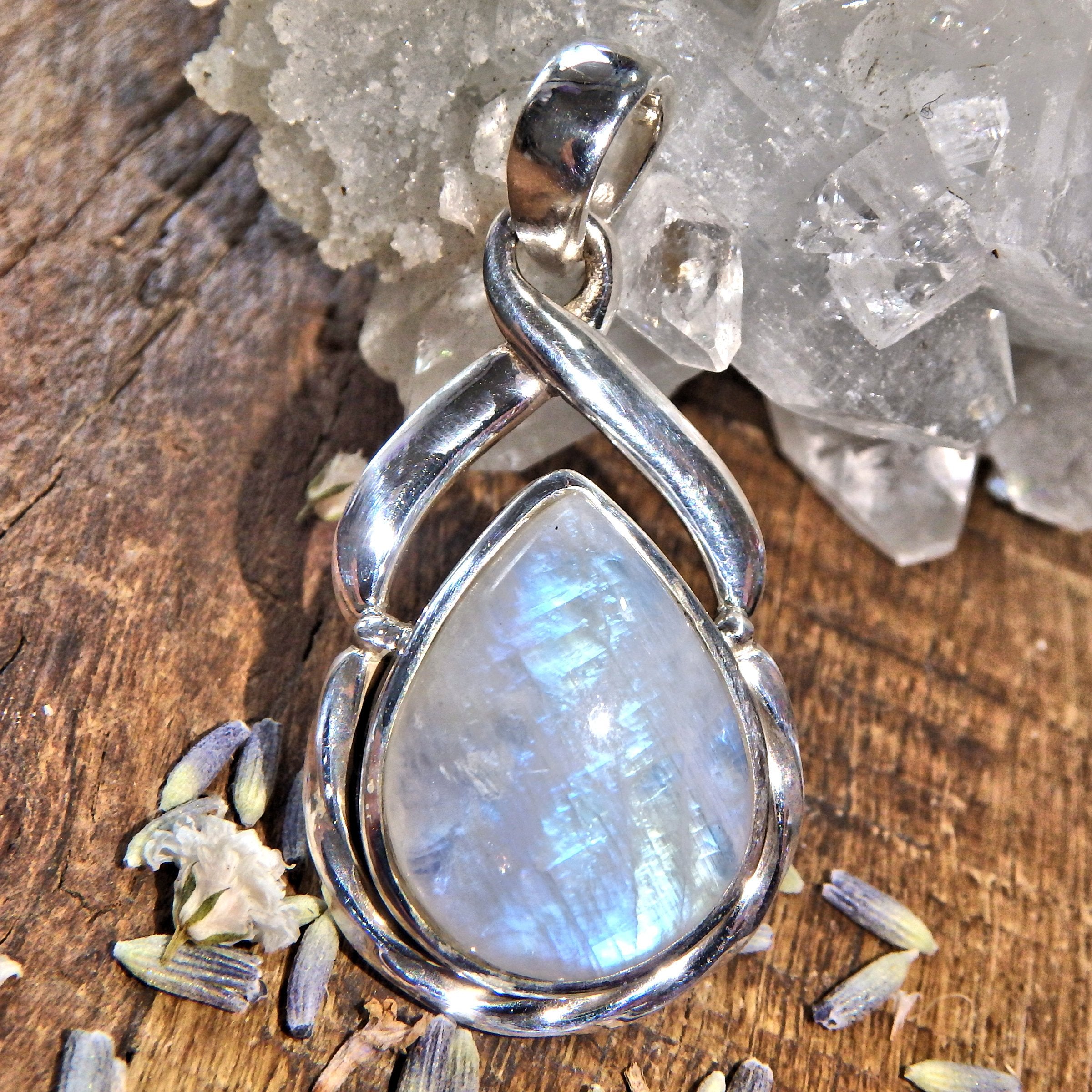 Elegant Rainbow Moonstone Sterling Silver Pendant (Includes Silver Chain) 8 - Earth Family Crystals