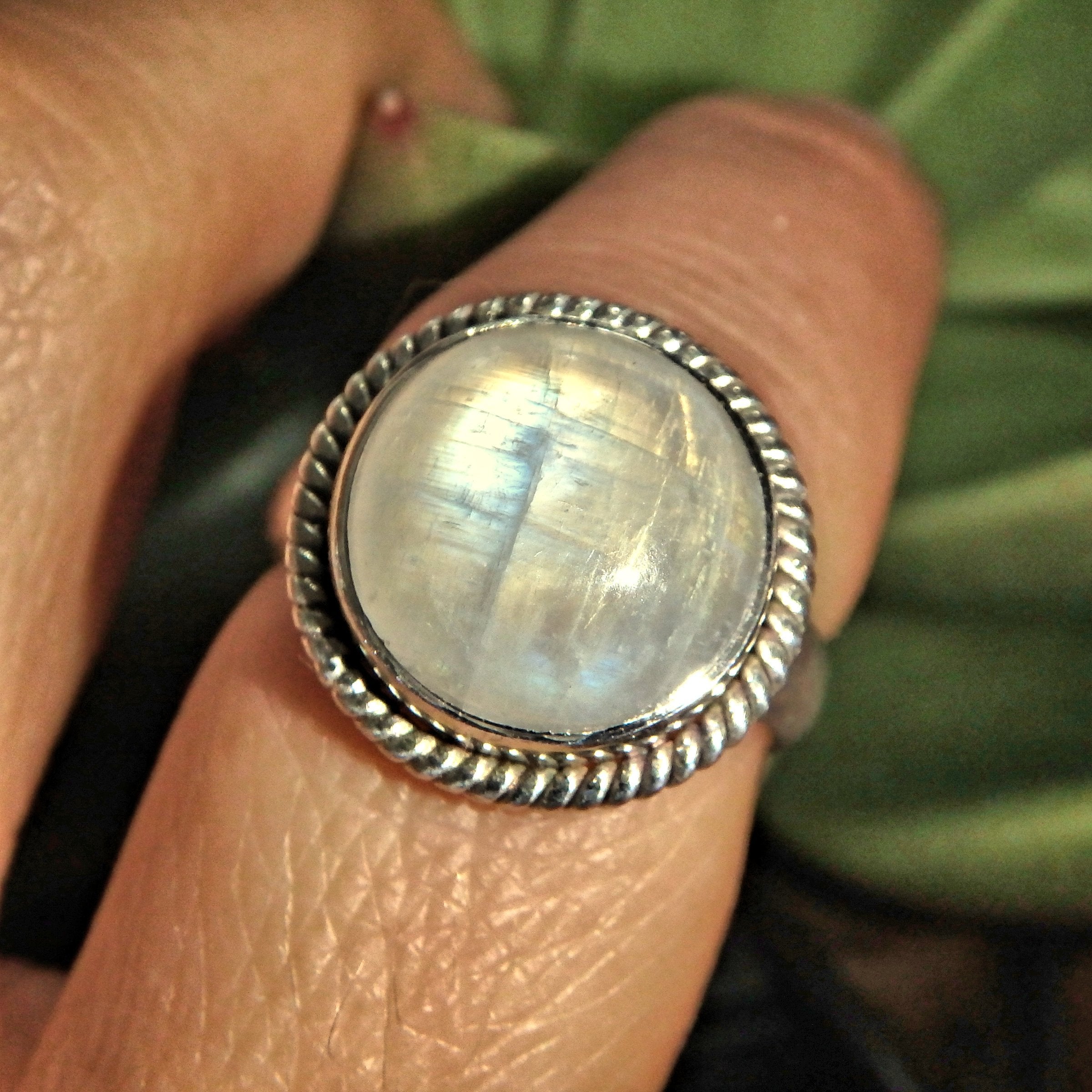 Full Moon Vivid Flashes Rainbow Moonstone Ring in Sterling Silver (Size 7) - Earth Family Crystals