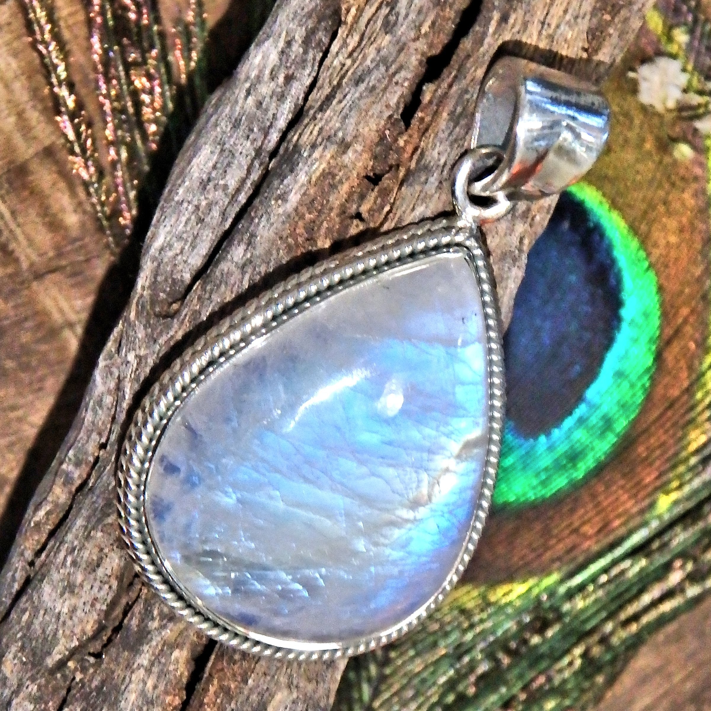 Frosted Blue Flashes Gorgeous Rainbow Moonstone Pendant in Sterling Silver (Includes Silver Chain) 3 - Earth Family Crystals