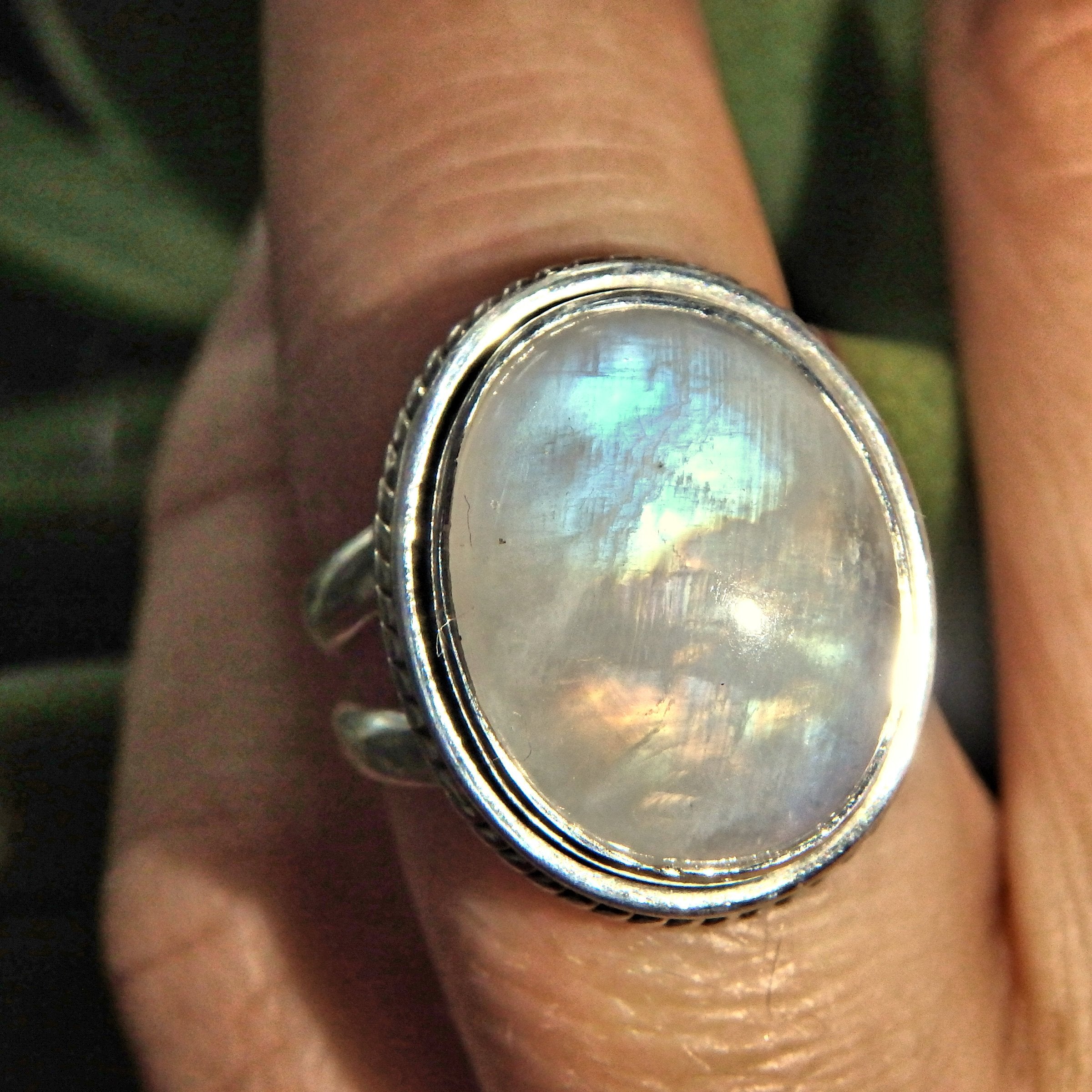 Orange & Blue Flashes Rainbow Moonstone Ring in Sterling Silver (Size 6)