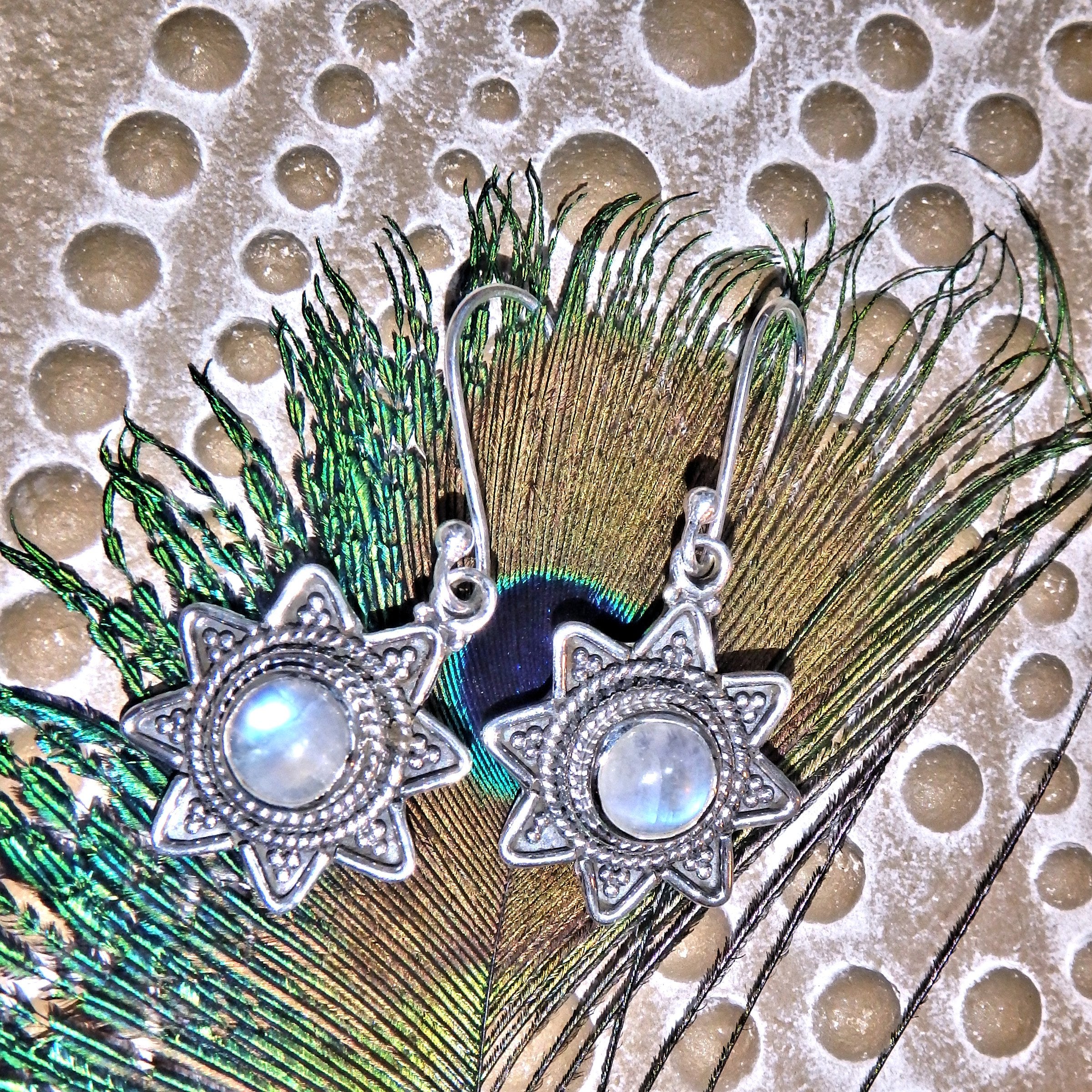 Winter Solstice Rainbow Moonstone Earrings in Sterling Silver - Earth Family Crystals