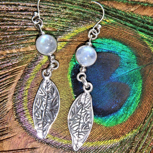 Stunning Rainbow Moonstone & Leaf Sterling Silver Earrings - Earth Family Crystals