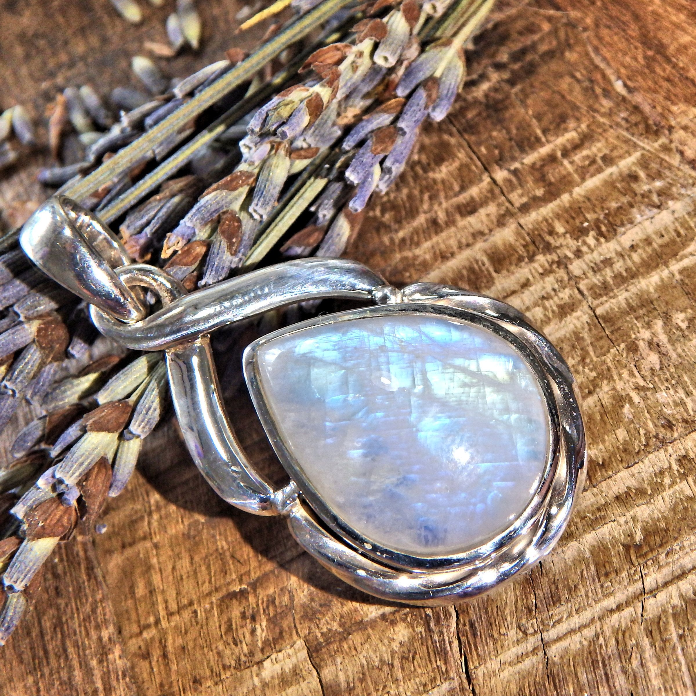 Elegant Rainbow Moonstone Sterling Silver Pendant (Includes Silver Chain) 8 - Earth Family Crystals