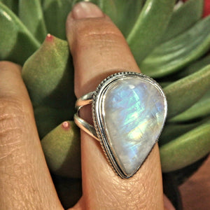 Pretty Raindrop Rainbow Moonstone Ring in Sterling Silver (Size 8.5) - Earth Family Crystals