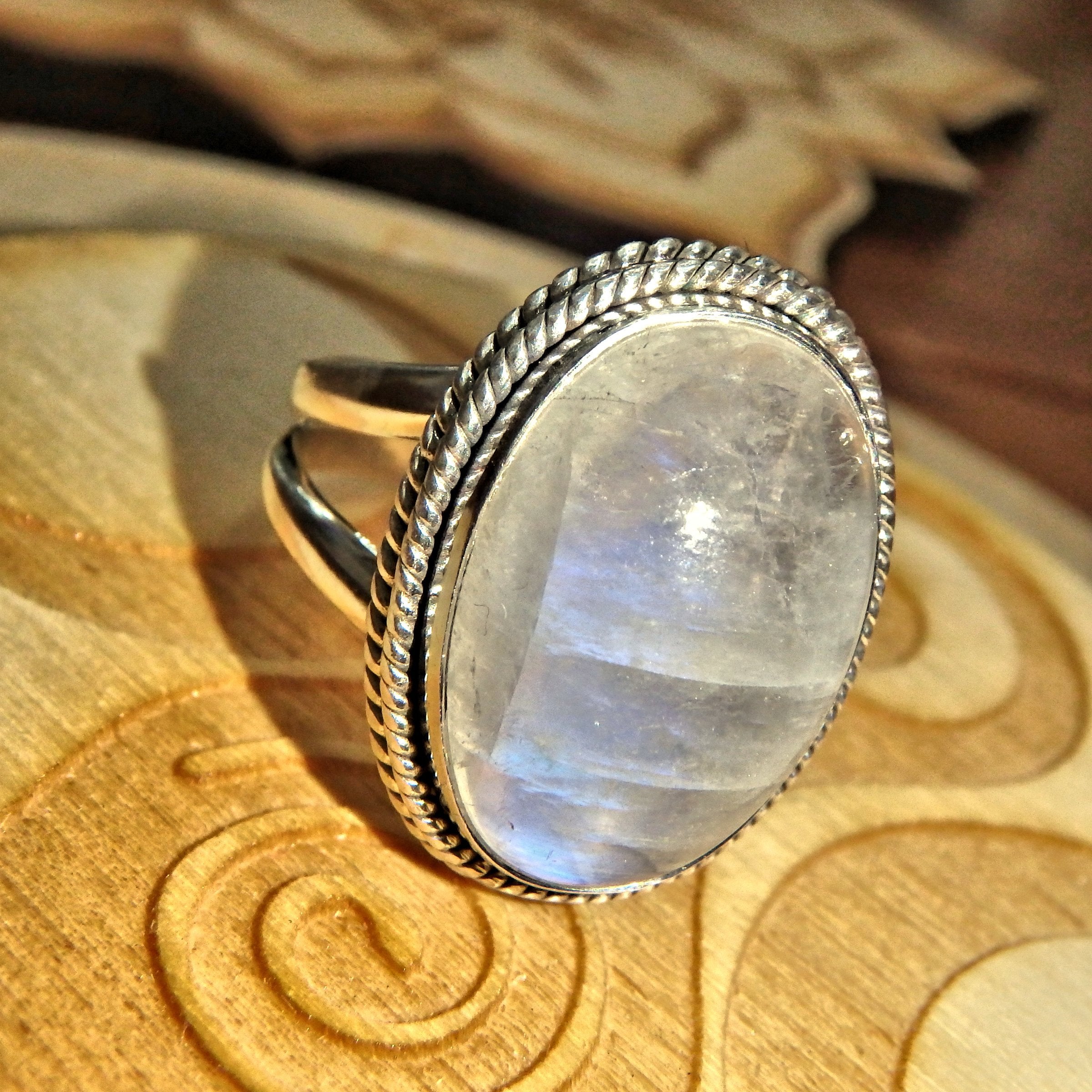 Optical Royal Blue Flashes Rainbow Moonstone Ring in Sterling Silver (Size 8)