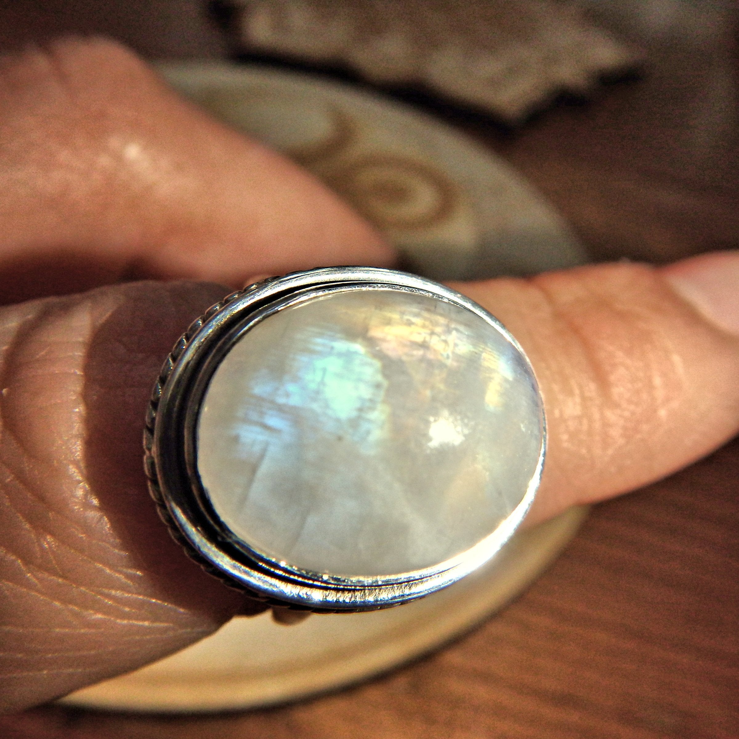 Orange & Blue Flashes Rainbow Moonstone Ring in Sterling Silver (Size 6)