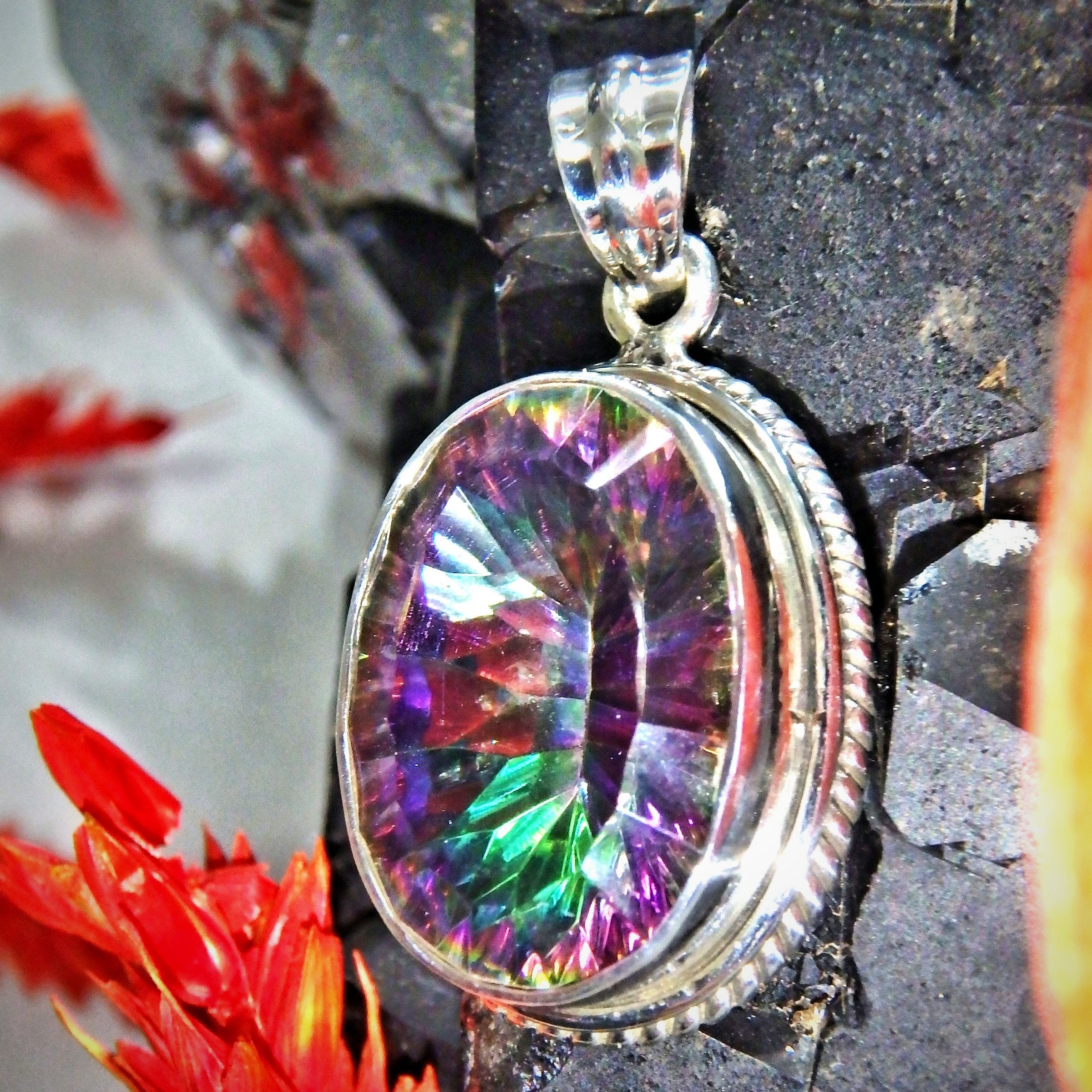 Extreme Sparkle Rainbow Mystic Topaz Pendant in Sterling Silver ( Includes Silver Chain) - Earth Family Crystals