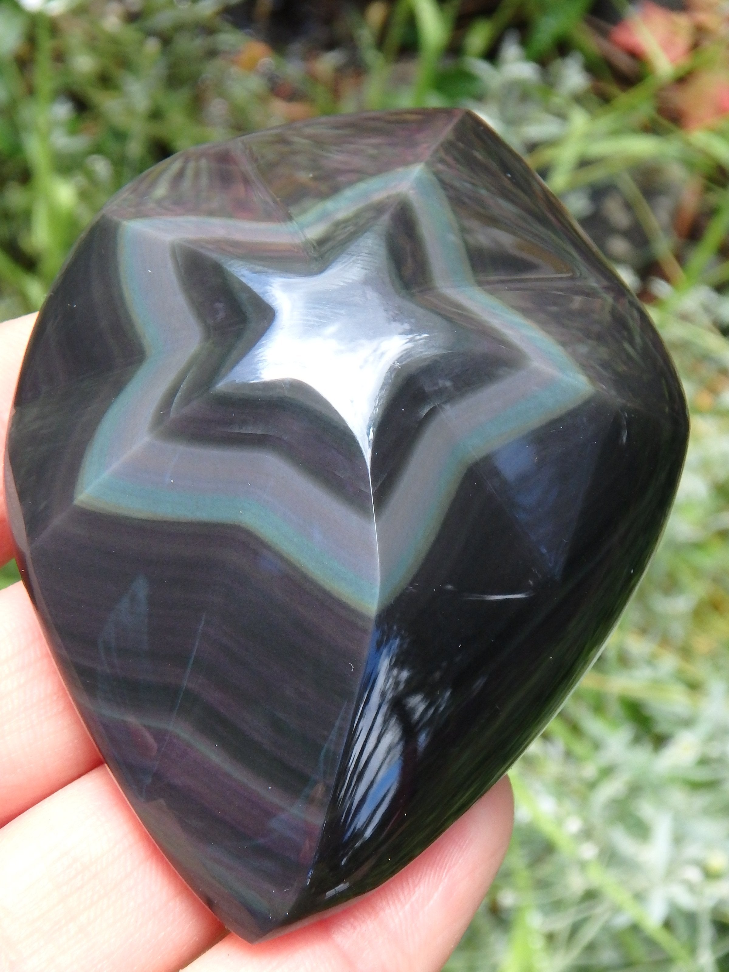Fascinating Star Carving in Rainbow Obsidian Display Specimen - Earth Family Crystals