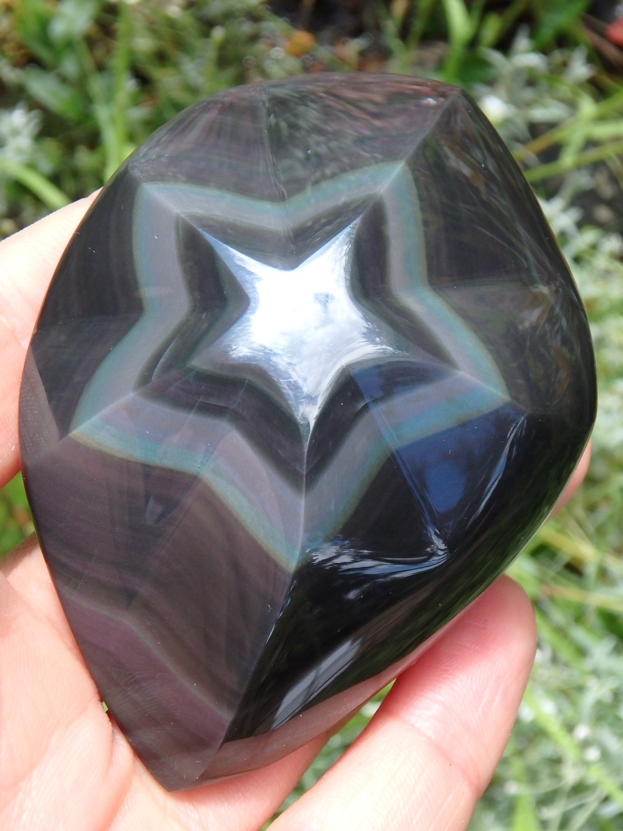 Fascinating Star Carving in Rainbow Obsidian Display Specimen - Earth Family Crystals