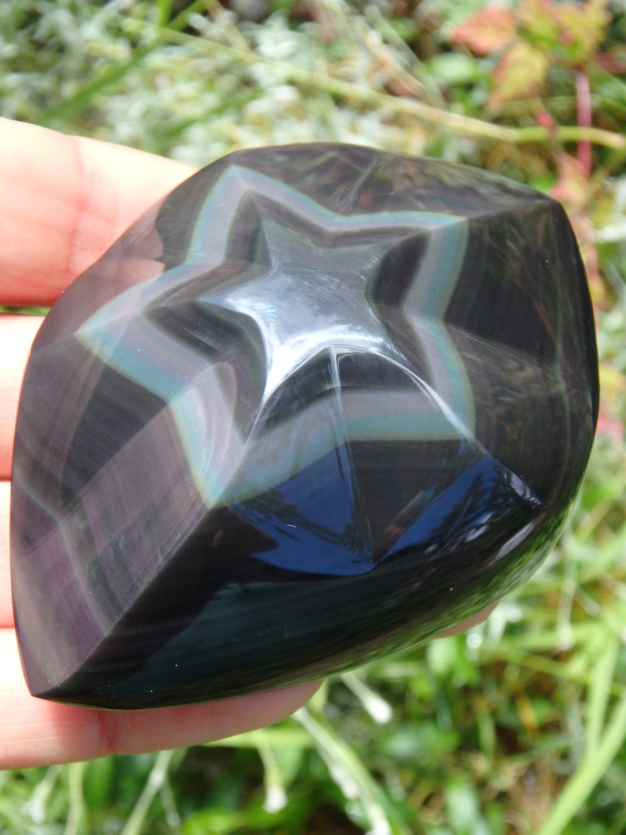 Fascinating Star Carving in Rainbow Obsidian Display Specimen - Earth Family Crystals